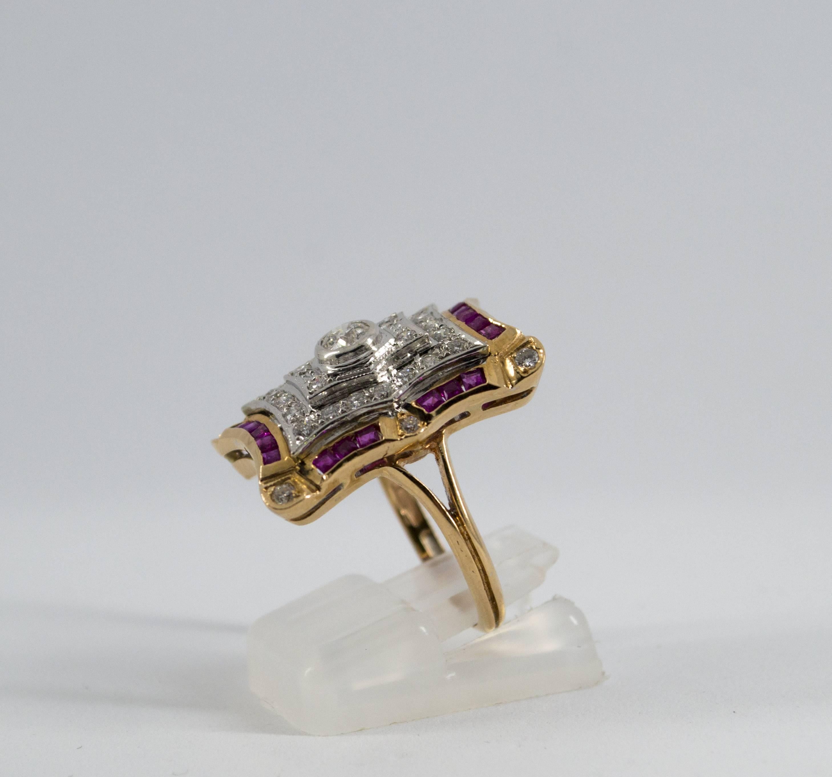 Art Deco Style White Diamonds and Ruby Yellow Gold Cocktail Ring For Sale 4