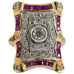 Art Deco Style White Diamonds and Ruby Yellow Gold Cocktail Ring