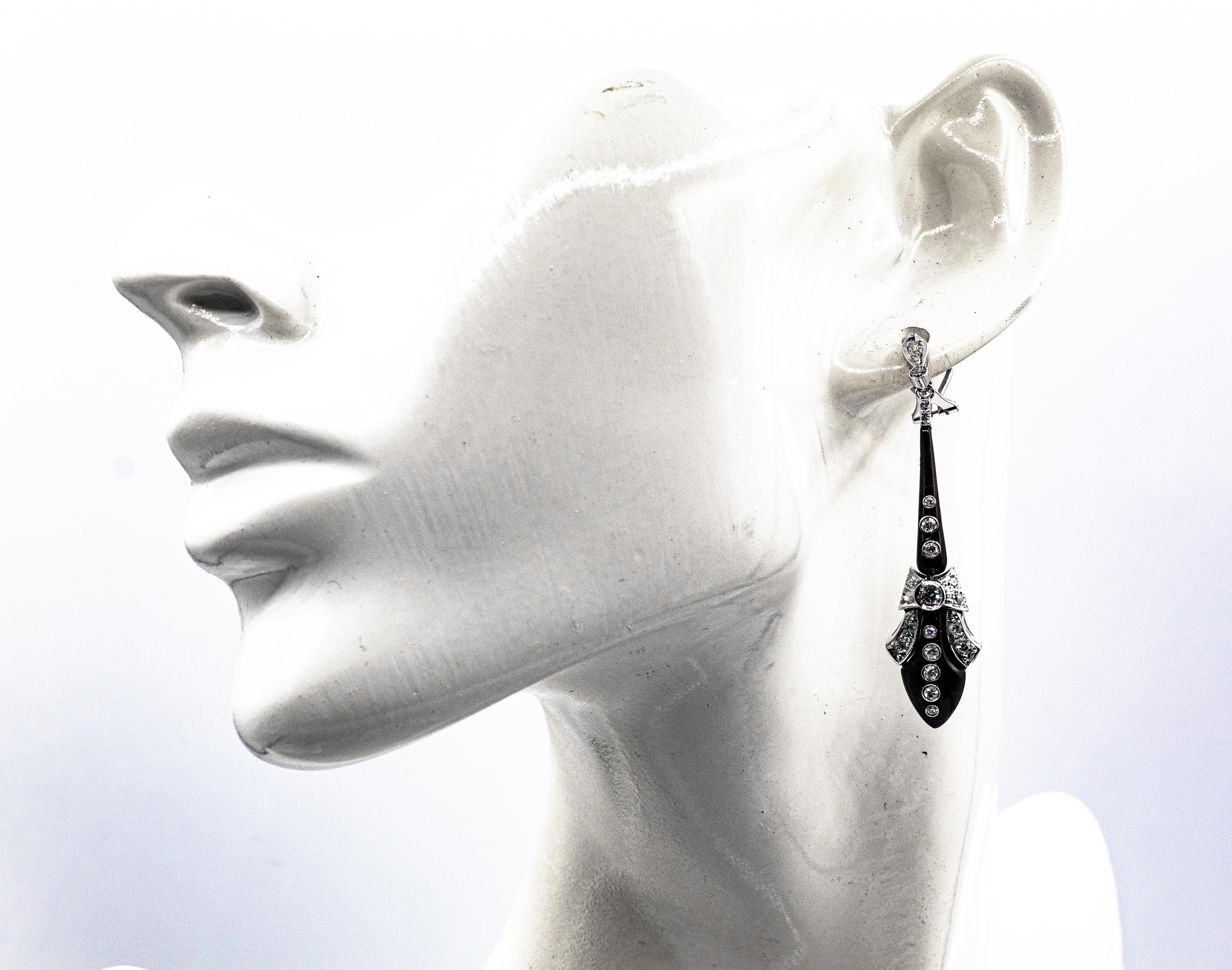 Art Deco Style White Diamonds Handcut Onyx White Gold Clip-On Drop Earrings For Sale 5