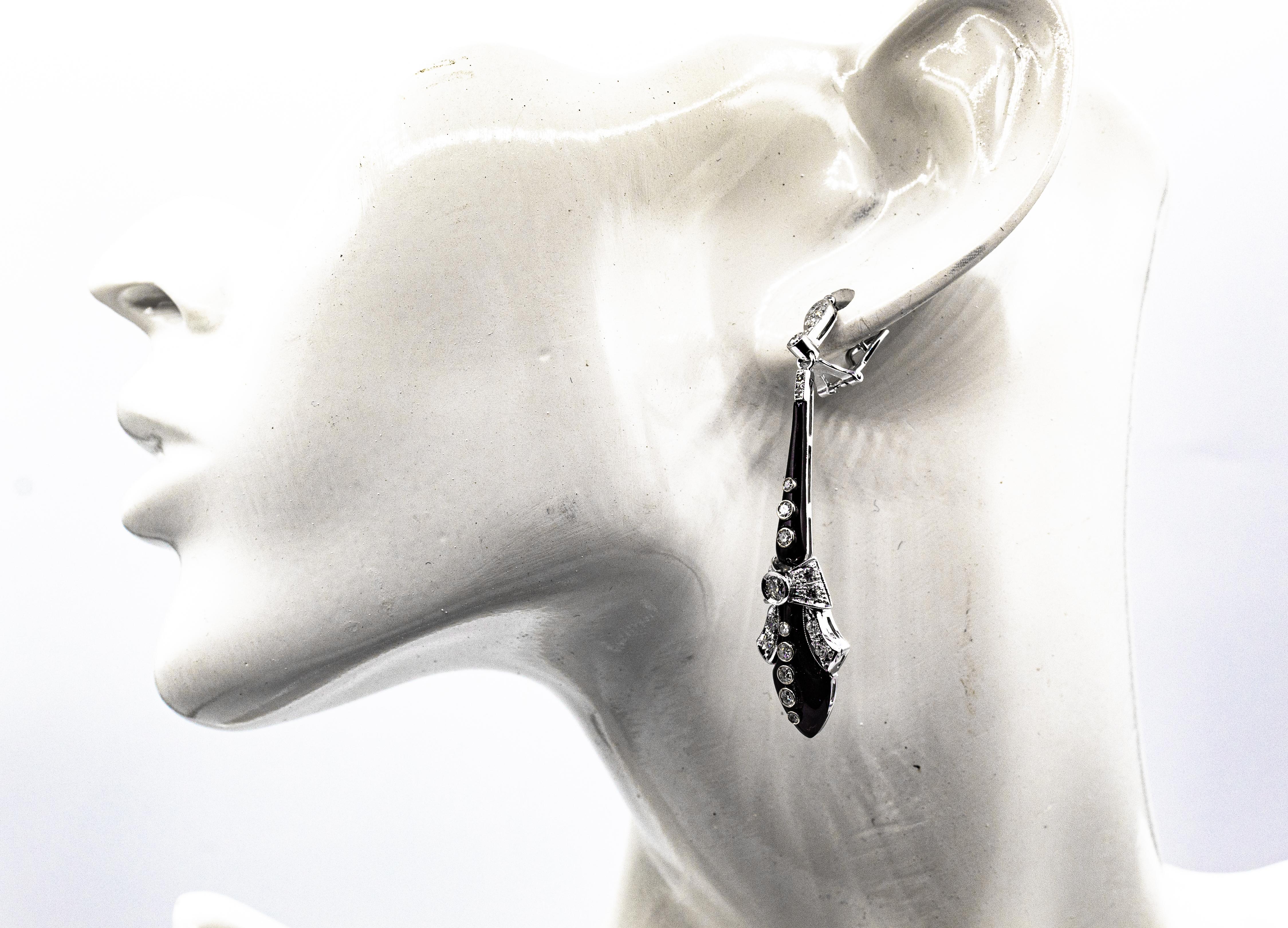 Art Deco Style White Diamonds Handcut Onyx White Gold Clip-On Drop Earrings For Sale 6