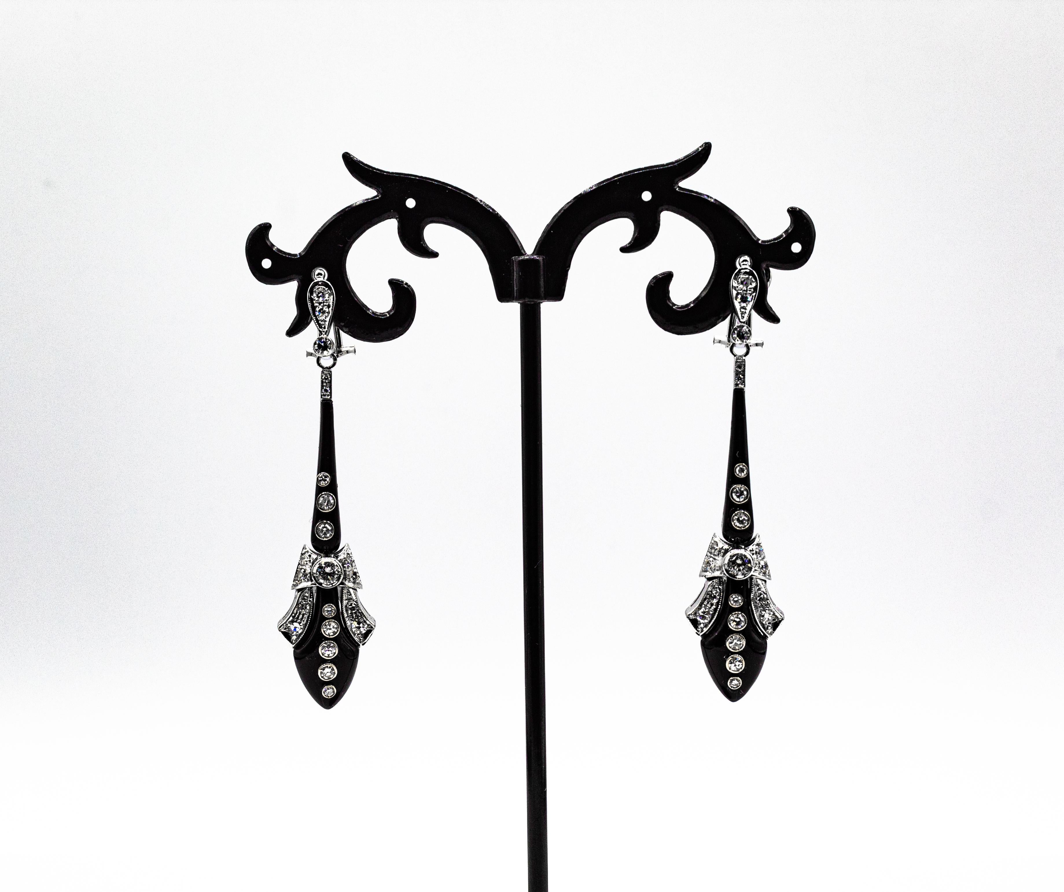 Brilliant Cut Art Deco Style White Diamonds Handcut Onyx White Gold Clip-On Drop Earrings For Sale
