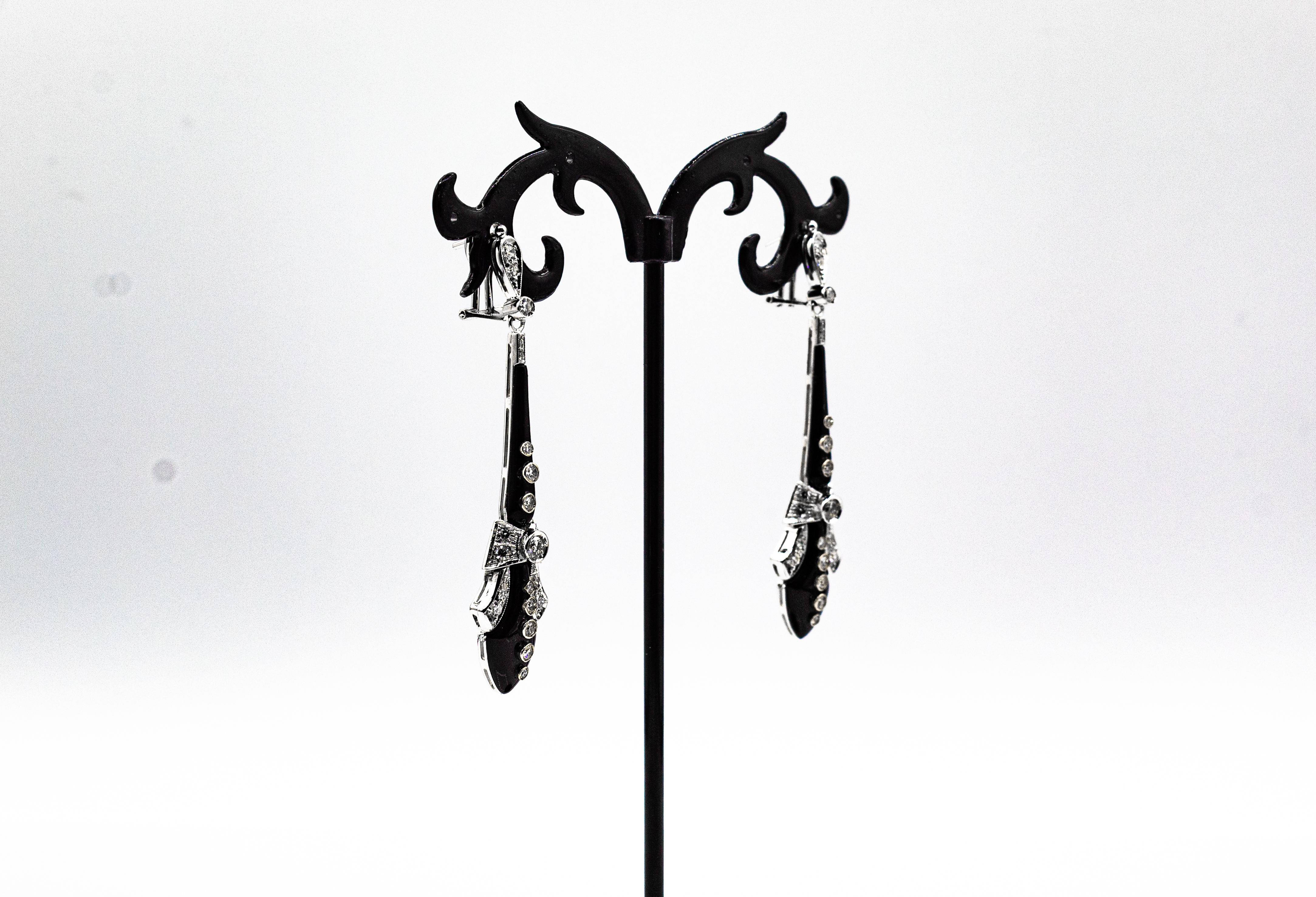 Women's or Men's Art Deco Style White Diamonds Handcut Onyx White Gold Clip-On Drop Earrings For Sale