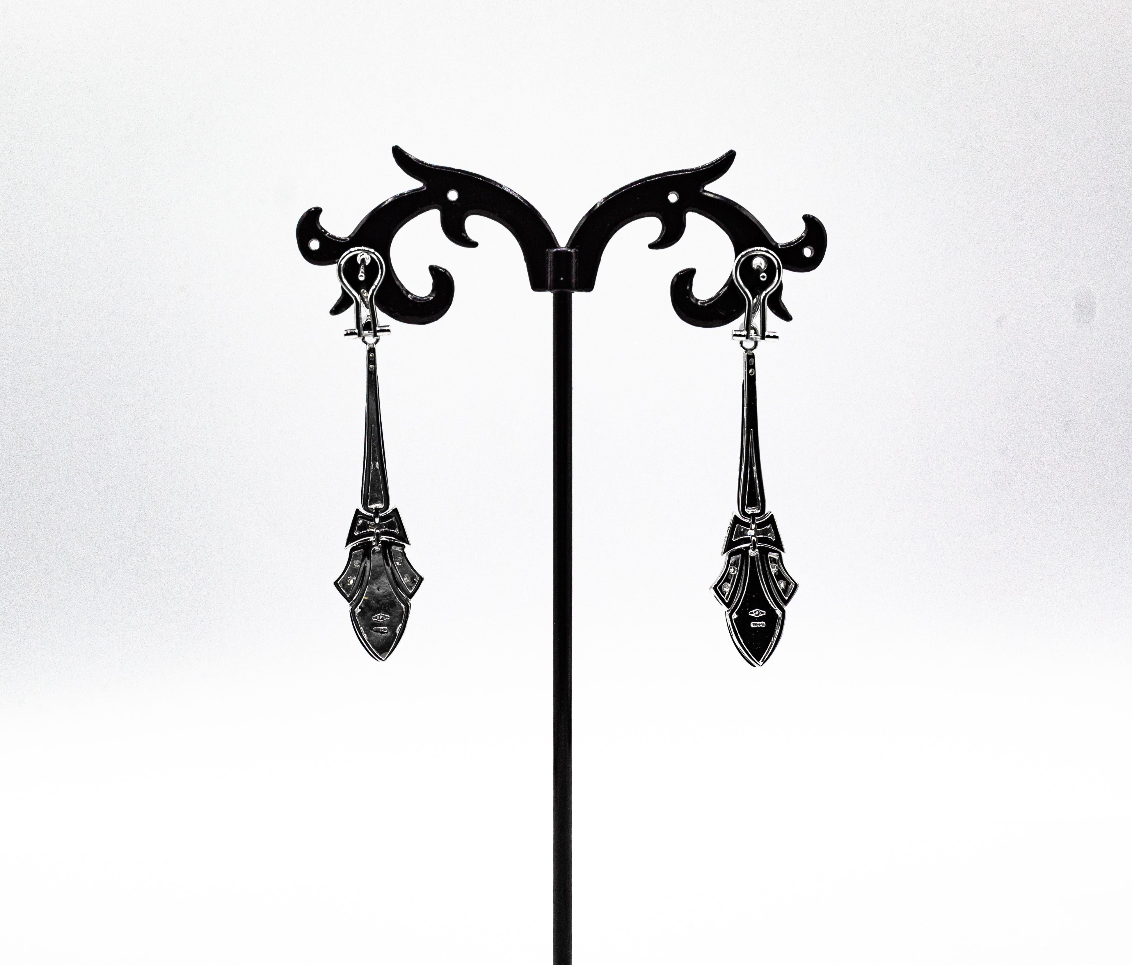 Art Deco Style White Diamonds Handcut Onyx White Gold Clip-On Drop Earrings For Sale 1