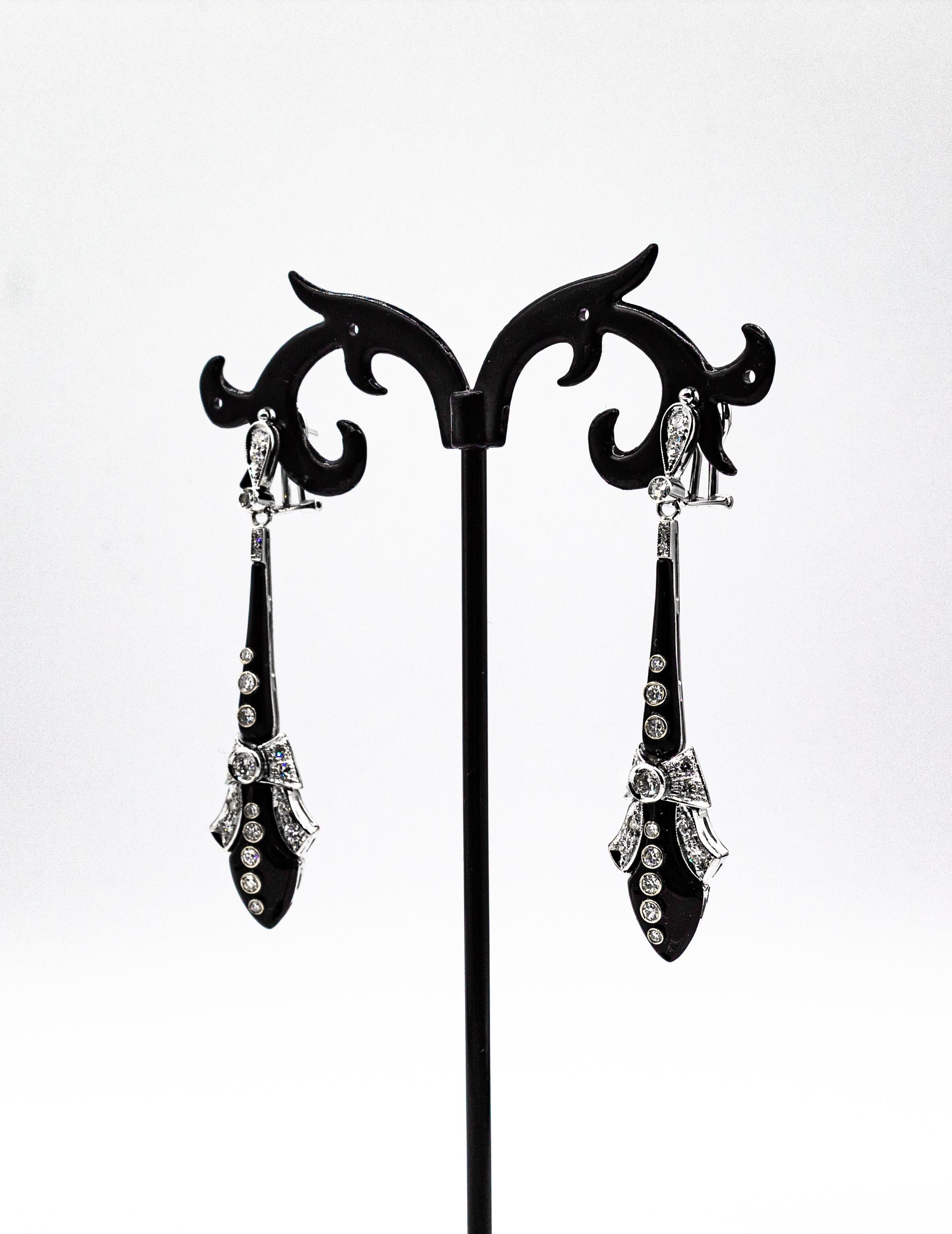 Art Deco Style White Diamonds Handcut Onyx White Gold Clip-On Drop Earrings For Sale 2