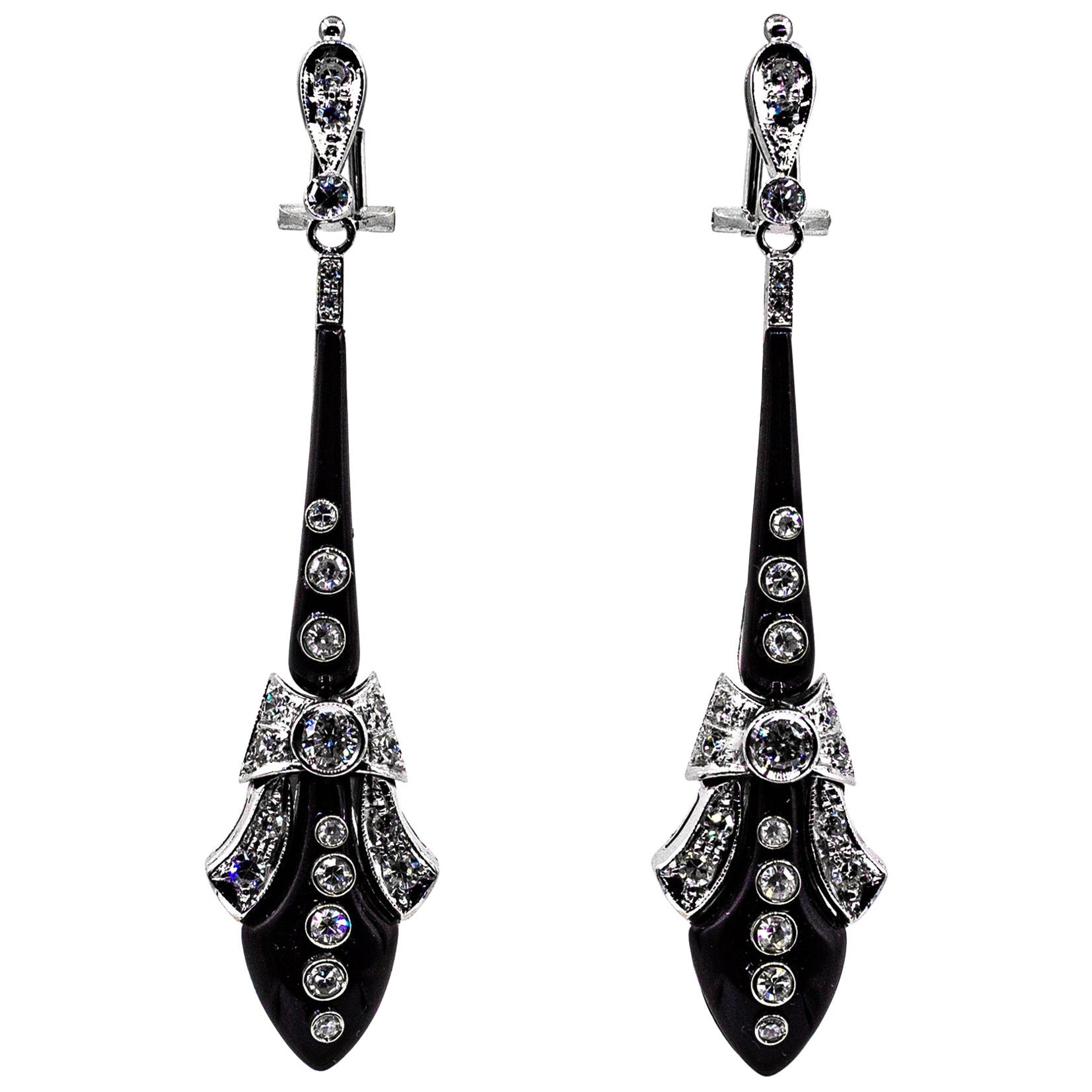 Art Deco Style White Diamonds Handcut Onyx White Gold Clip-On Drop Earrings