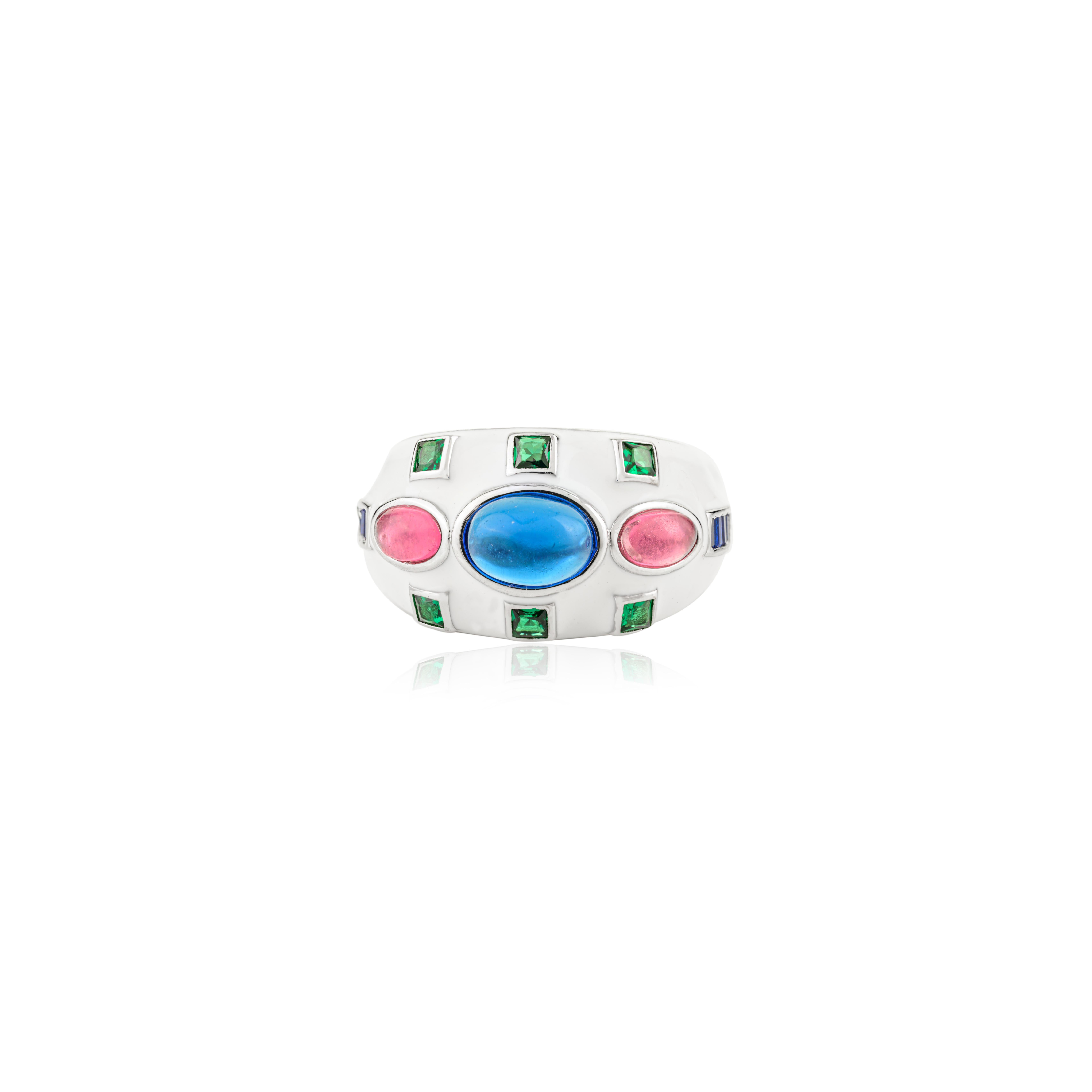 En vente :  Art Deco Style White Enamelling Dome Silver Ring for Her With Multicolor Stones (Bague en argent avec dôme en émail blanc pour elle avec des pierres multicolores) 7