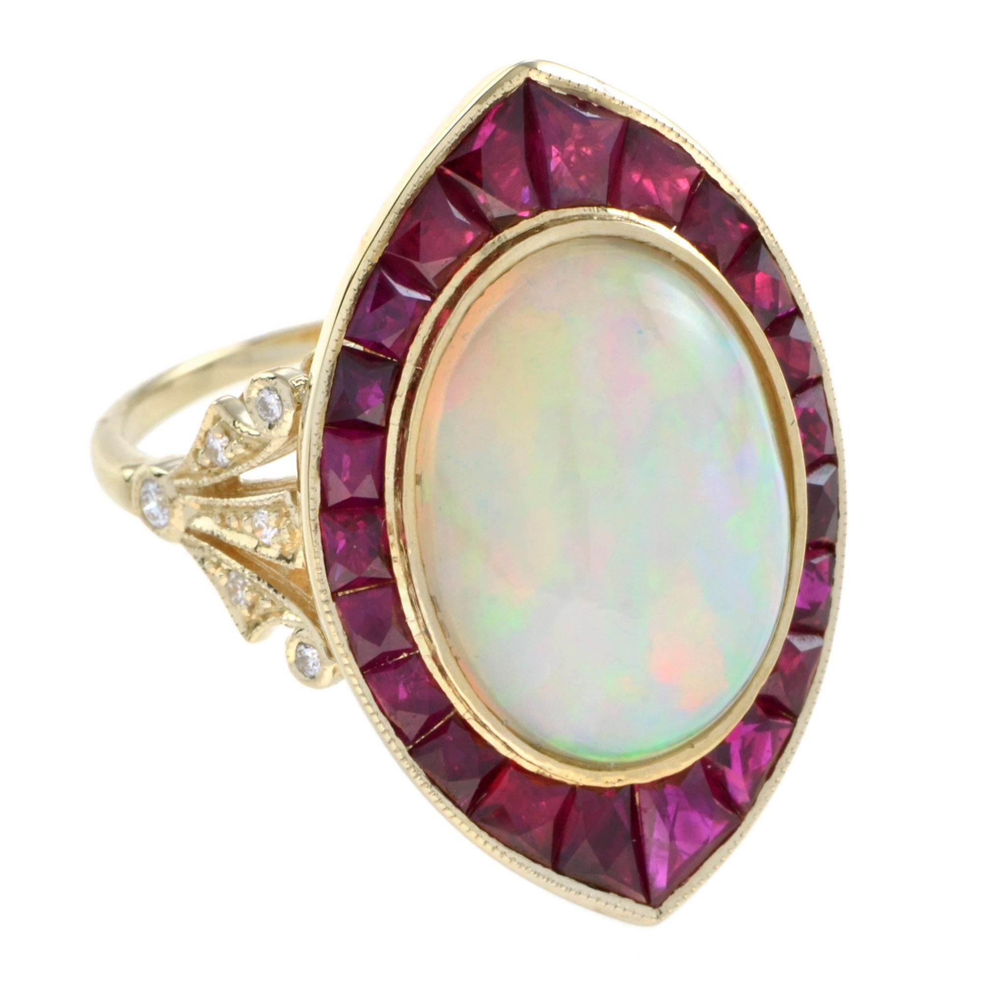 This gorgeous Opal cocktail ring crafted of 18k yellow gold and features a 5.02 carat center stone. The ring is and accented with French cut rubies and punctuated its shoulders with diamonds.
Ring Information
Style: Art Deco
Metal: 18K Yellow