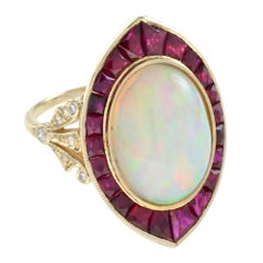 Art Deco Style White Ethiopian Opal & Ruby Halo Set Cocktail 18K Gold Ring