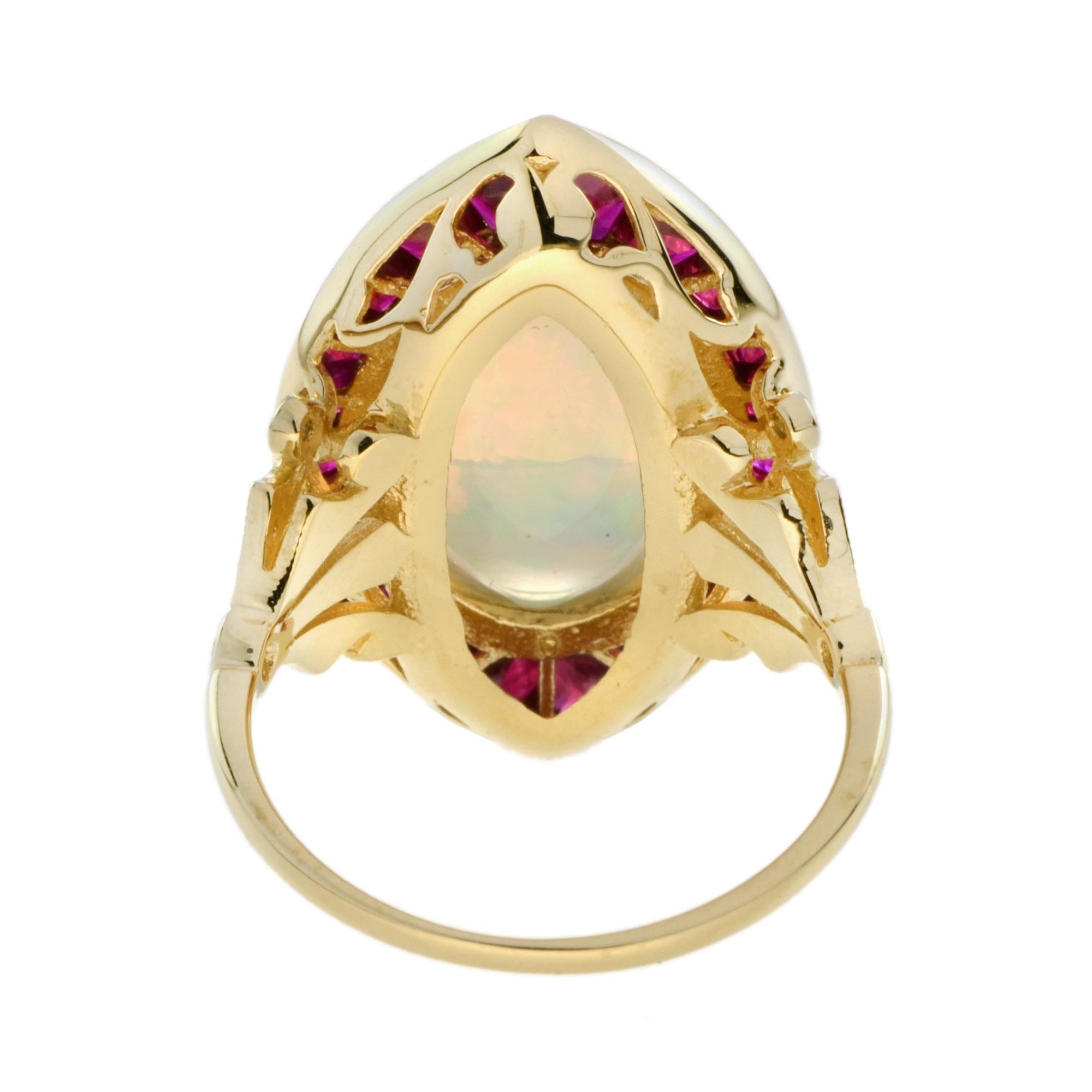 Art Deco Style White Ethiopian Opal & Ruby Halo Set Cocktail 18K Gold Ring In New Condition For Sale In Oakton, VA