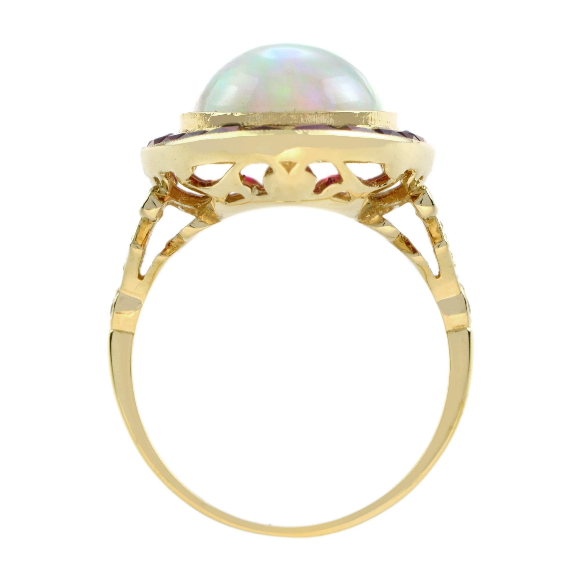 Women's Art Deco Style White Ethiopian Opal & Ruby Halo Set Cocktail 18K Gold Ring For Sale
