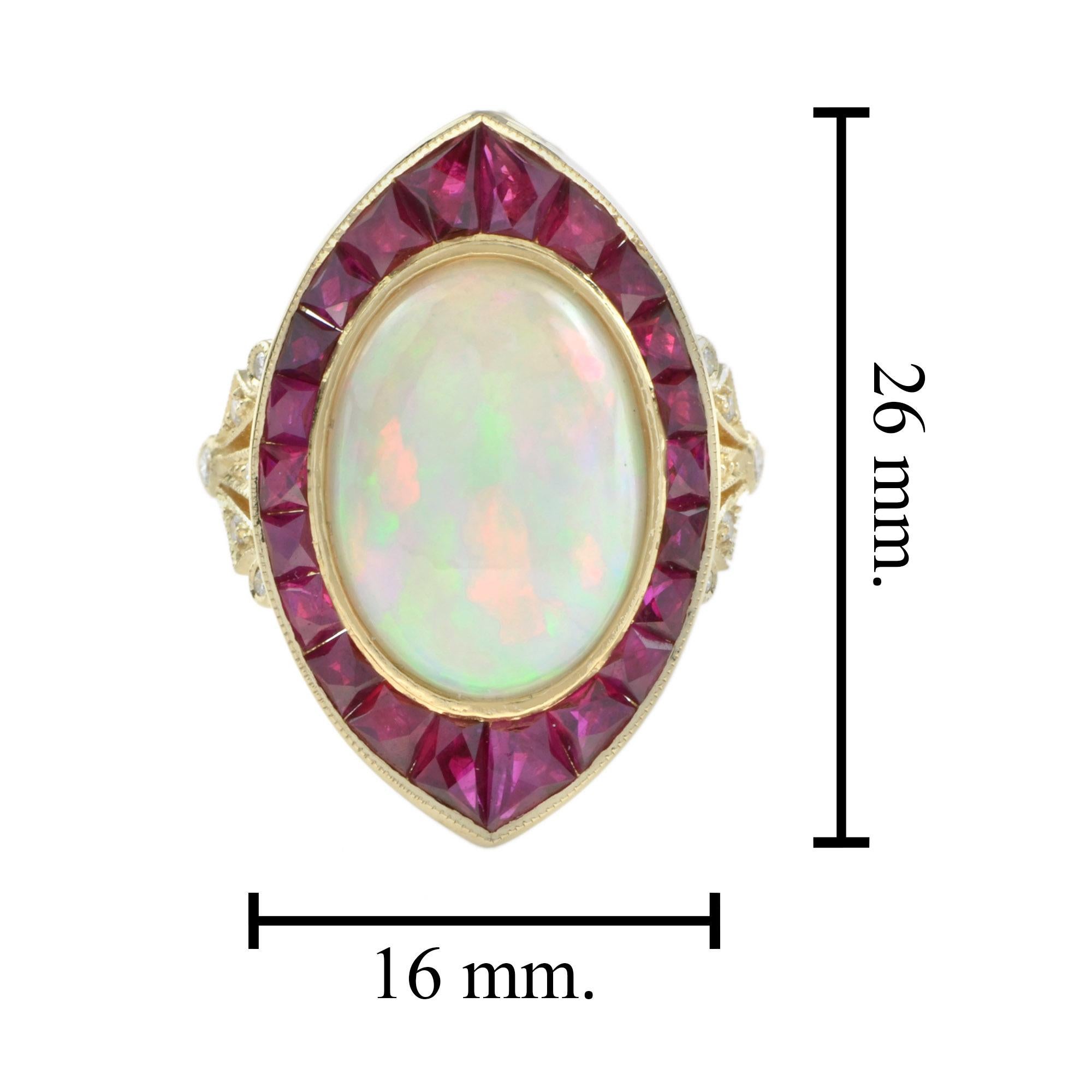 Art Deco Style White Ethiopian Opal & Ruby Halo Set Cocktail 18K Gold Ring For Sale 1