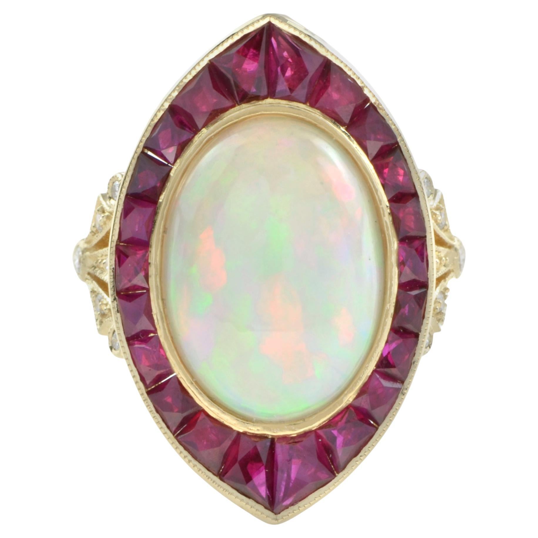 Art Deco Style White Ethiopian Opal & Ruby Halo Set Cocktail 18K Gold Ring For Sale