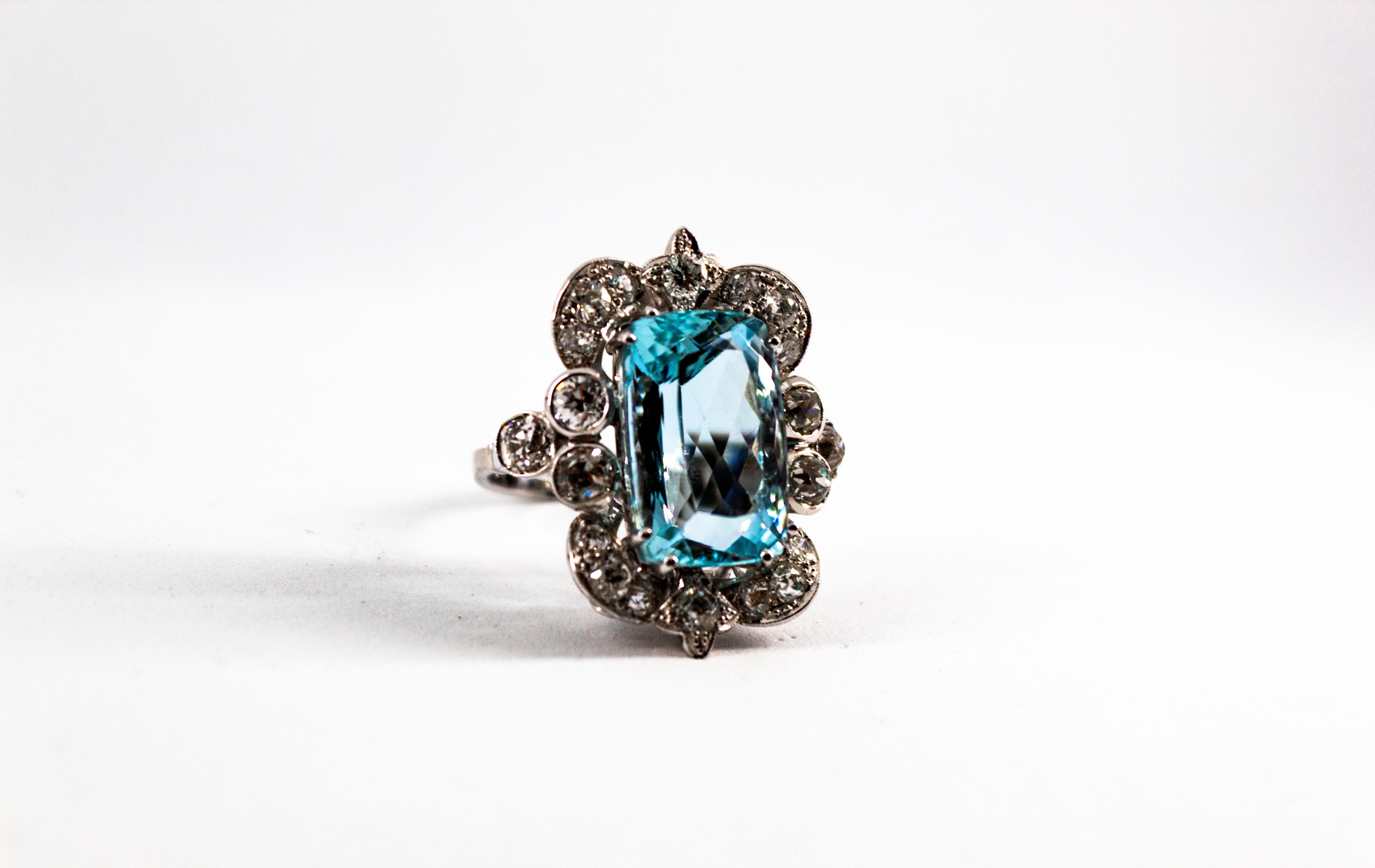 Art Deco Style White European Cut Diamond Aquamarine White Gold Cocktail Ring In New Condition In Naples, IT