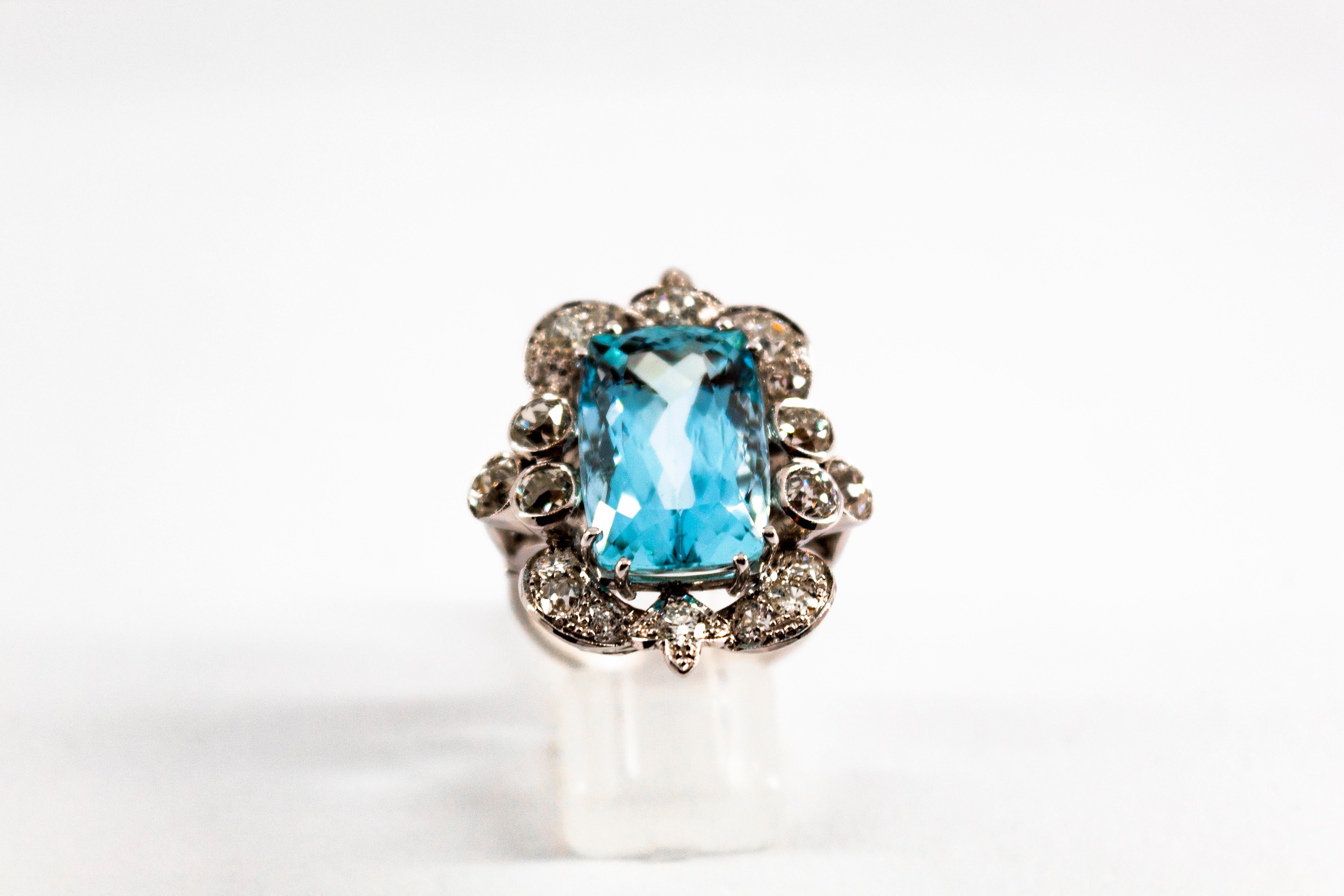 Art Deco Style White European Cut Diamond Aquamarine White Gold Cocktail Ring 3