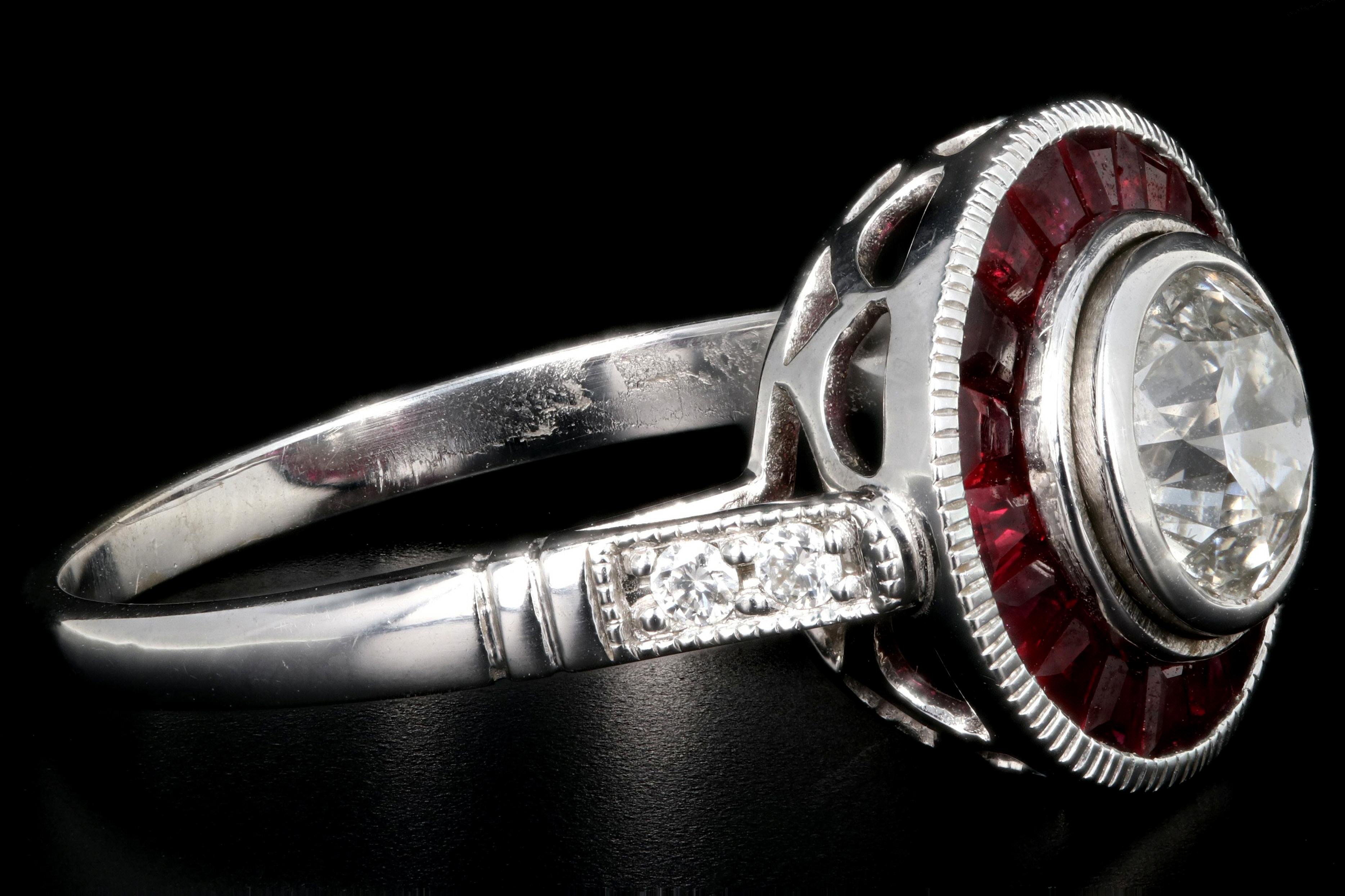 Art Deco Style White Gold 1 Carat Diamond Ruby Halo Engagement Ring In New Condition In Cape May, NJ