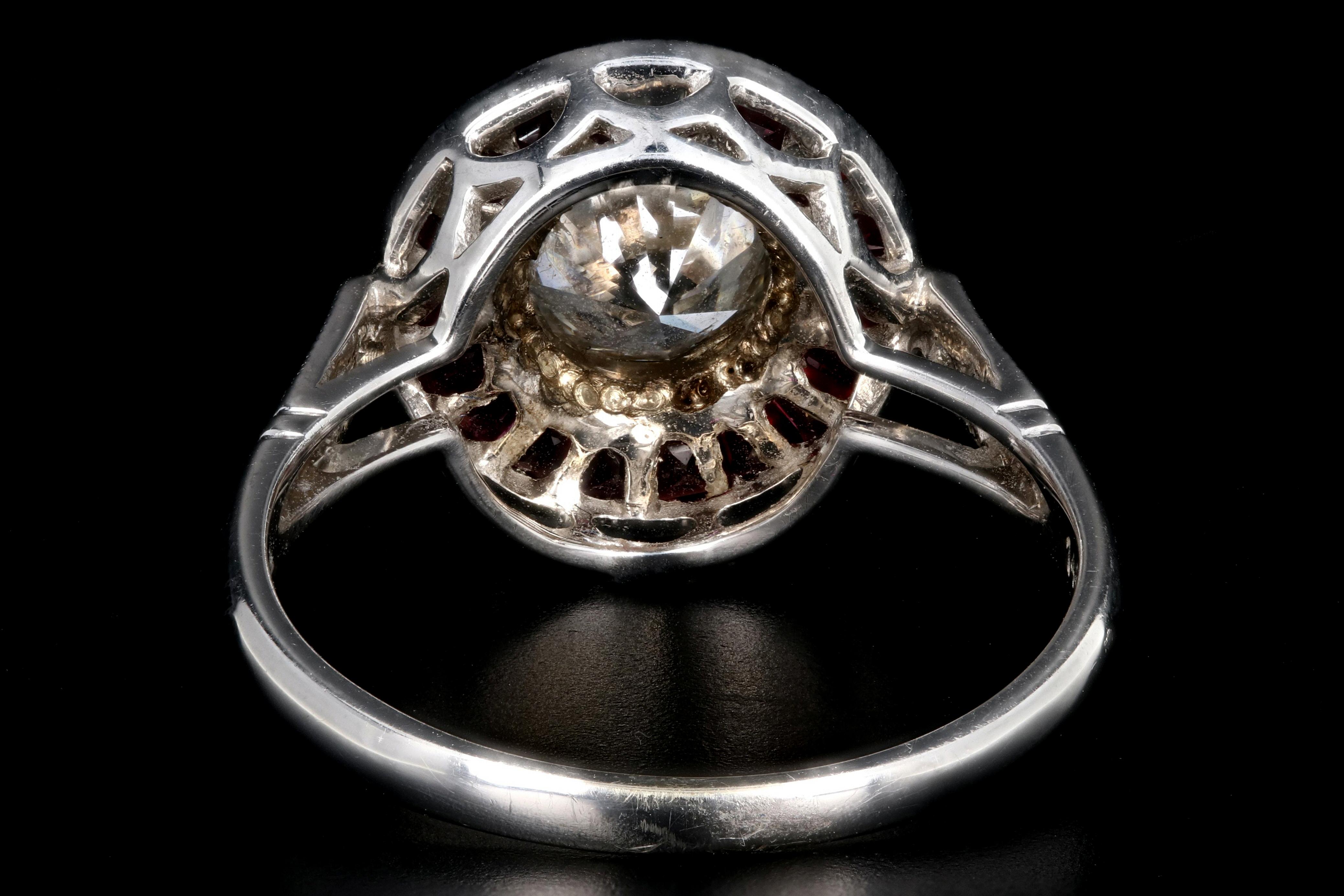 Women's Art Deco Style White Gold 1 Carat Diamond Ruby Halo Engagement Ring