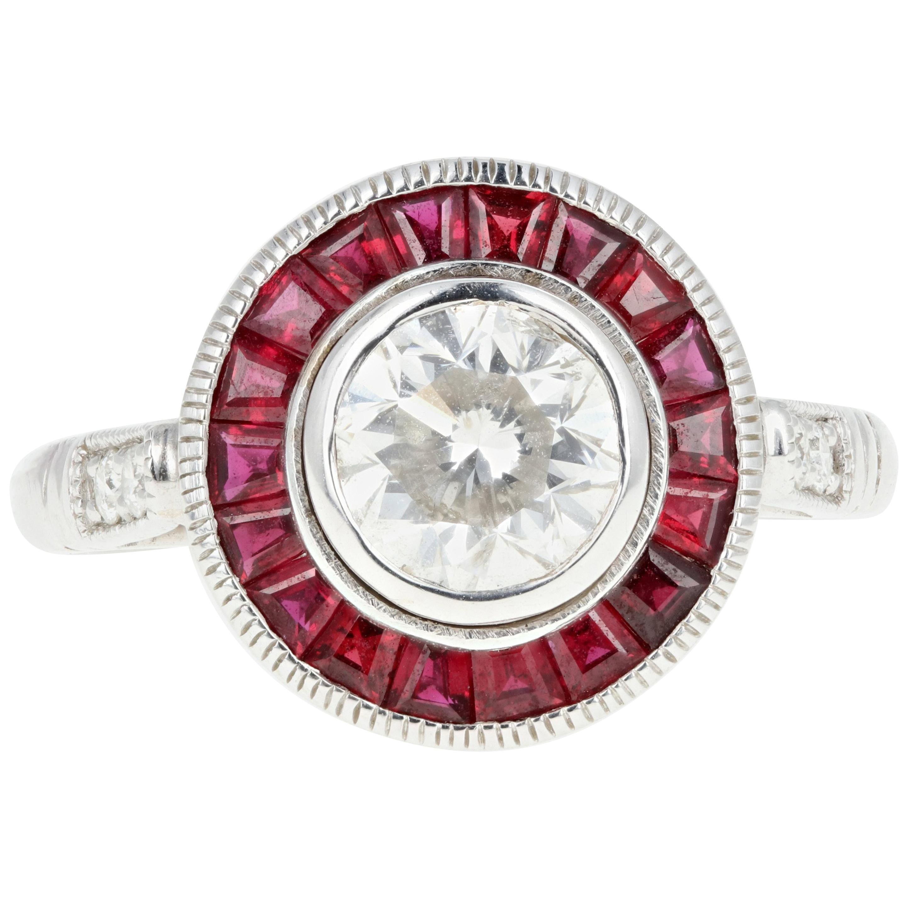 Art Deco Style White Gold 1 Carat Diamond Ruby Halo Engagement Ring