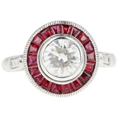 Art Deco Style White Gold 1 Carat Diamond Ruby Halo Engagement Ring