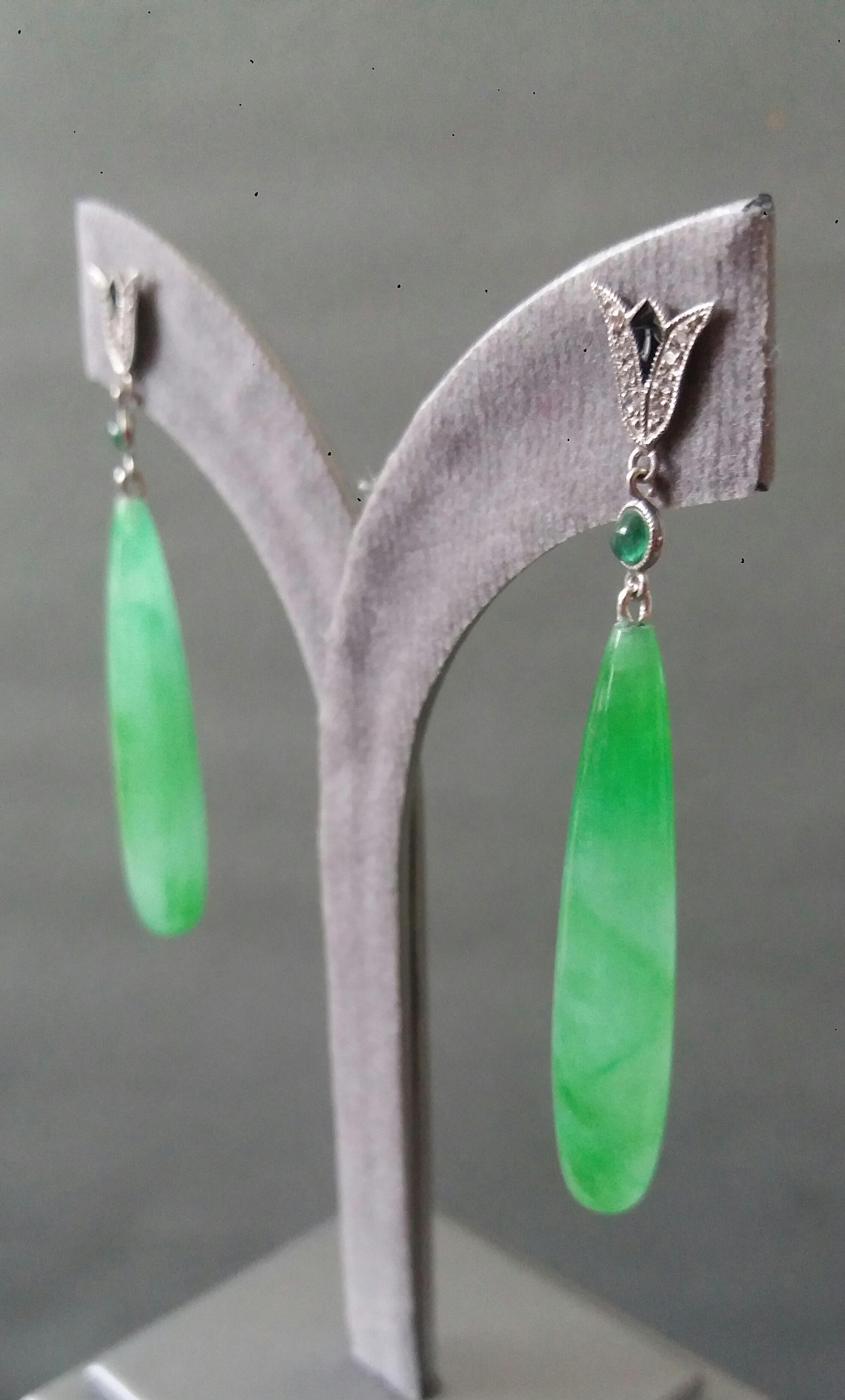 Art Deco Style White Gold Emeralds Diamonds Black Enamel Jade Dangle Earrings For Sale 2