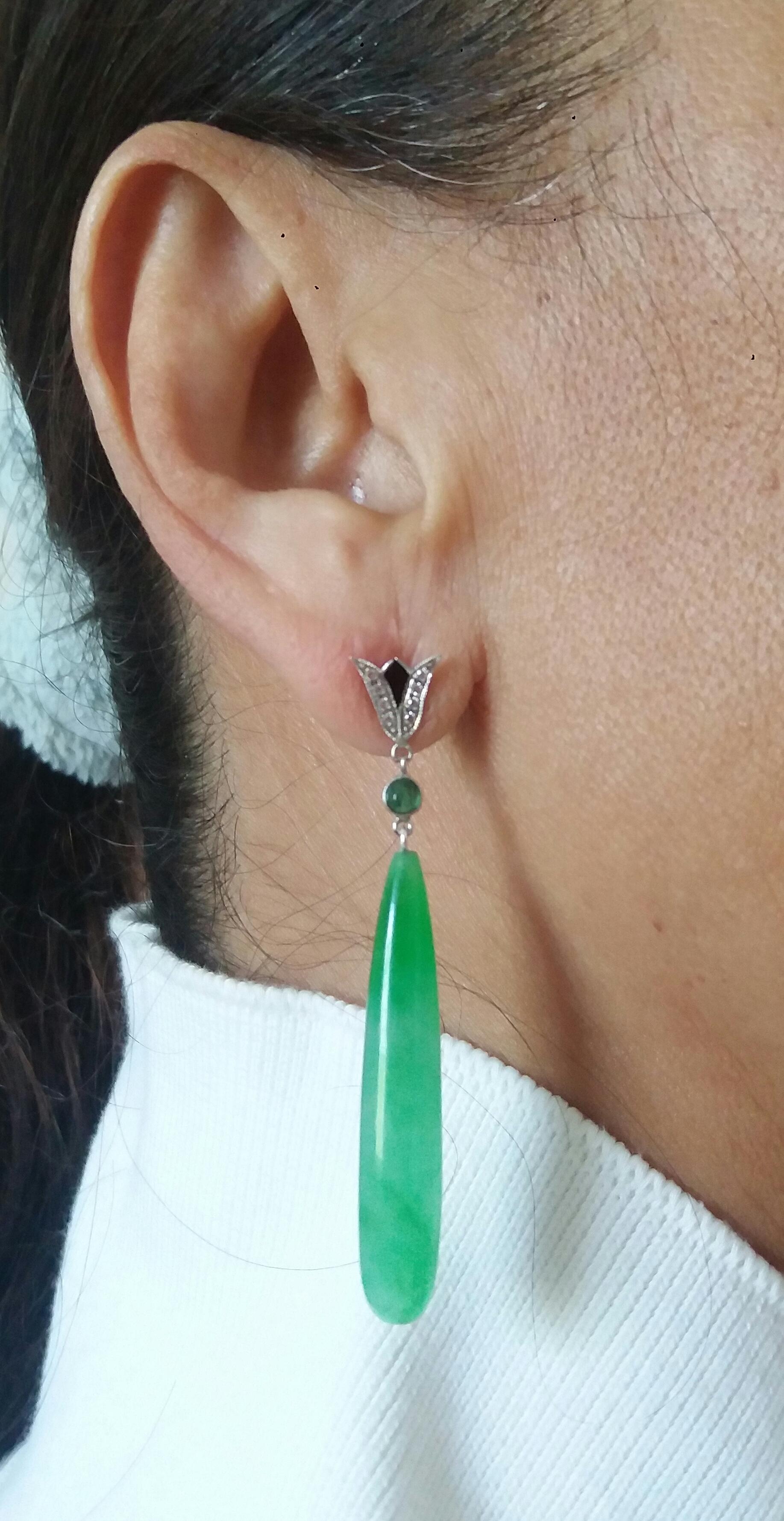 Art Deco Style White Gold Emeralds Diamonds Black Enamel Jade Dangle Earrings 6