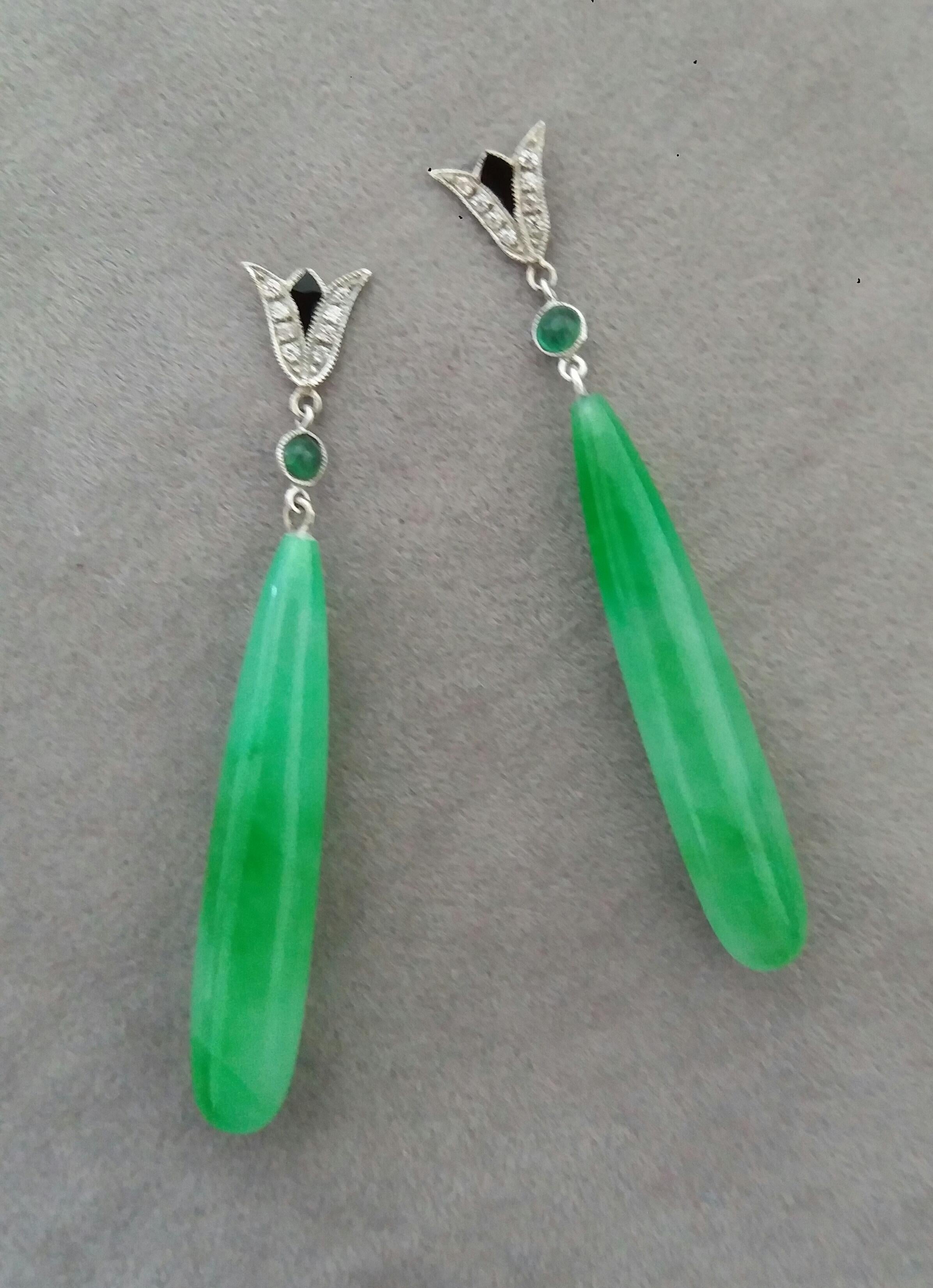 Mixed Cut Art Deco Style White Gold Emeralds Diamonds Black Enamel Jade Dangle Earrings