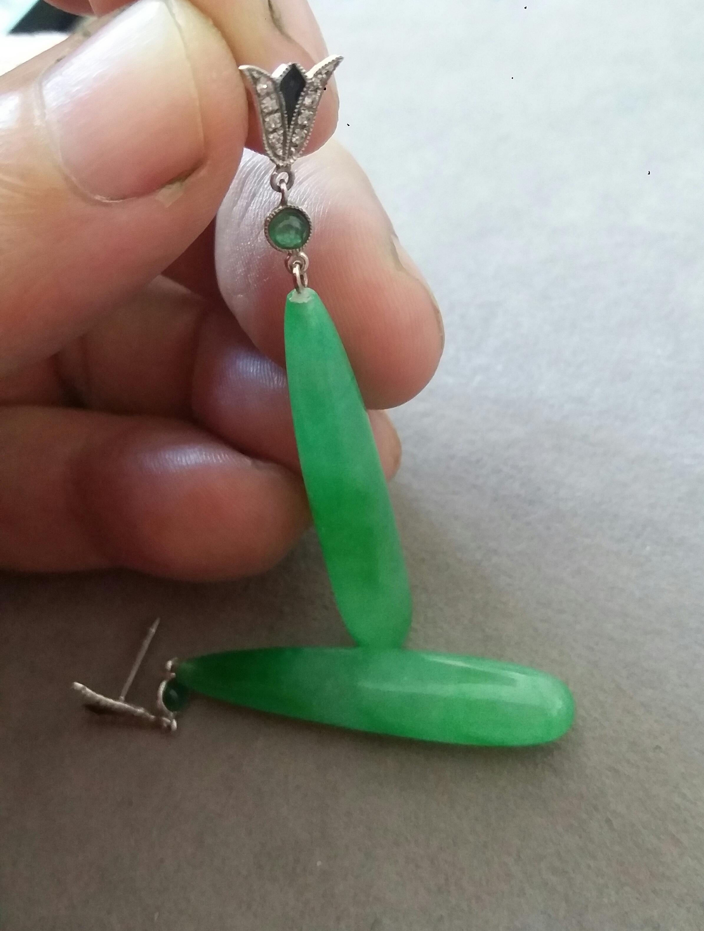 Women's Art Deco Style White Gold Emeralds Diamonds Black Enamel Jade Dangle Earrings