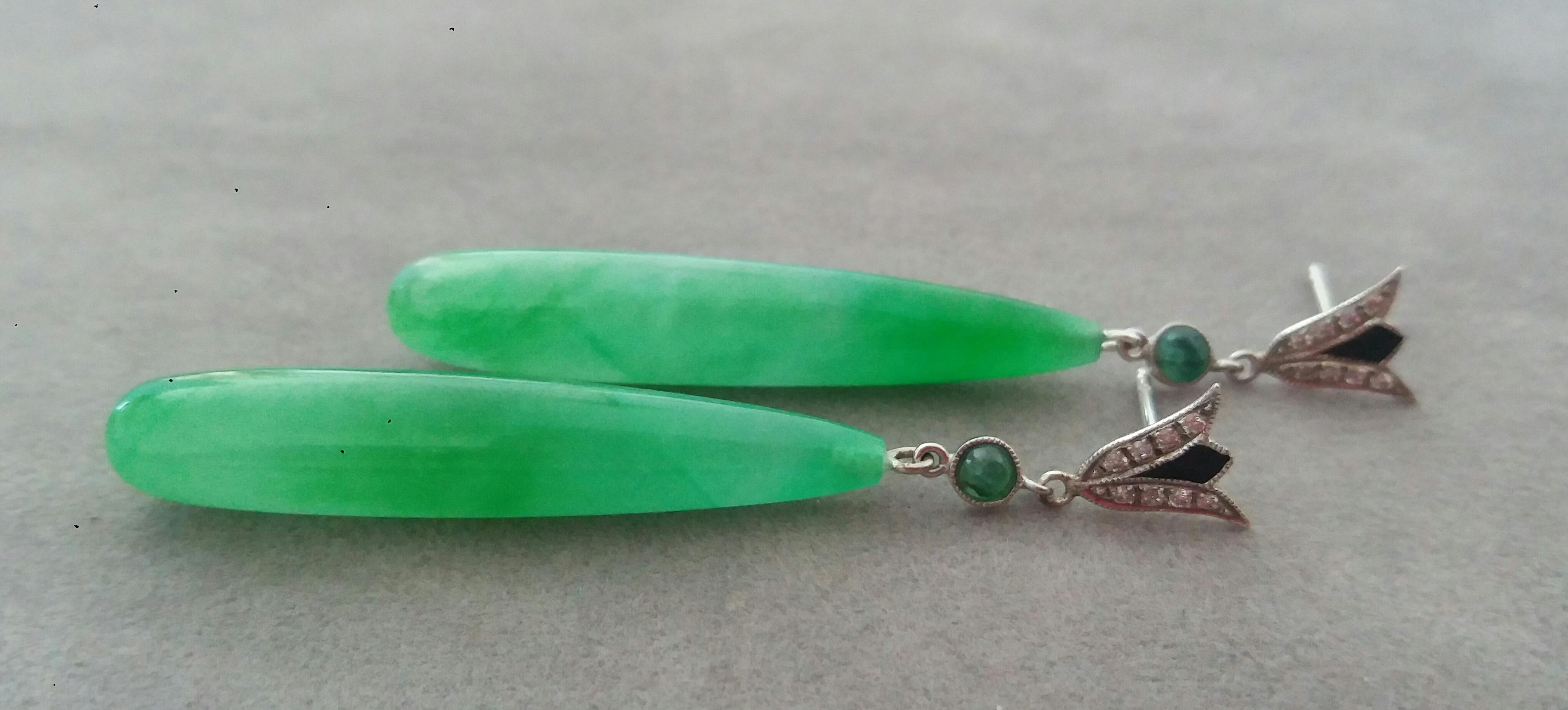 Art Deco Style White Gold Emeralds Diamonds Black Enamel Jade Dangle Earrings 1