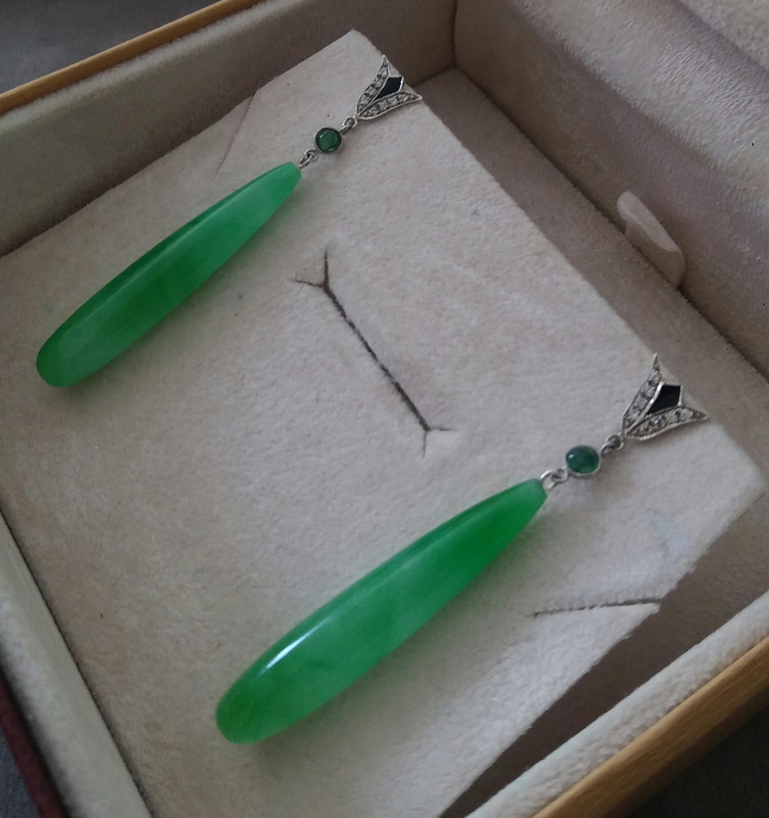 Art Deco Style White Gold Emeralds Diamonds Black Enamel Jade Dangle Earrings 3