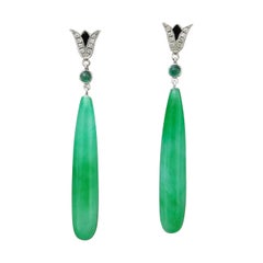 Vintage Art Deco Style White Gold Emeralds Diamonds Black Enamel Jade Dangle Earrings