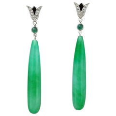 Art Deco Style White Gold Emeralds Diamonds Black Enamel Jade Dangle Earrings
