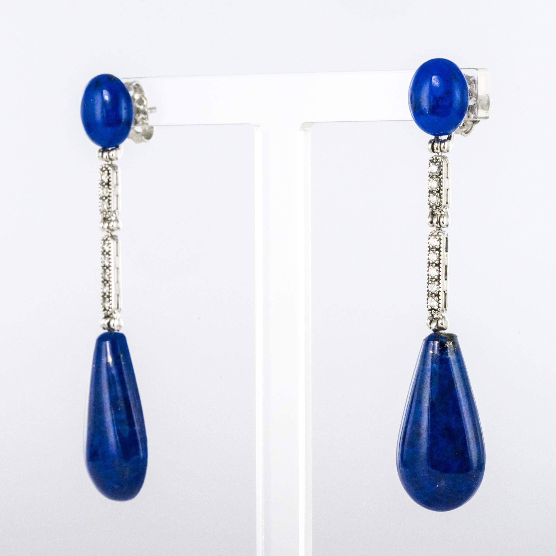 Art Deco Style White Gold Lapis Lazuli Diamonds Dangle Earrings In New Condition In Poitiers, FR