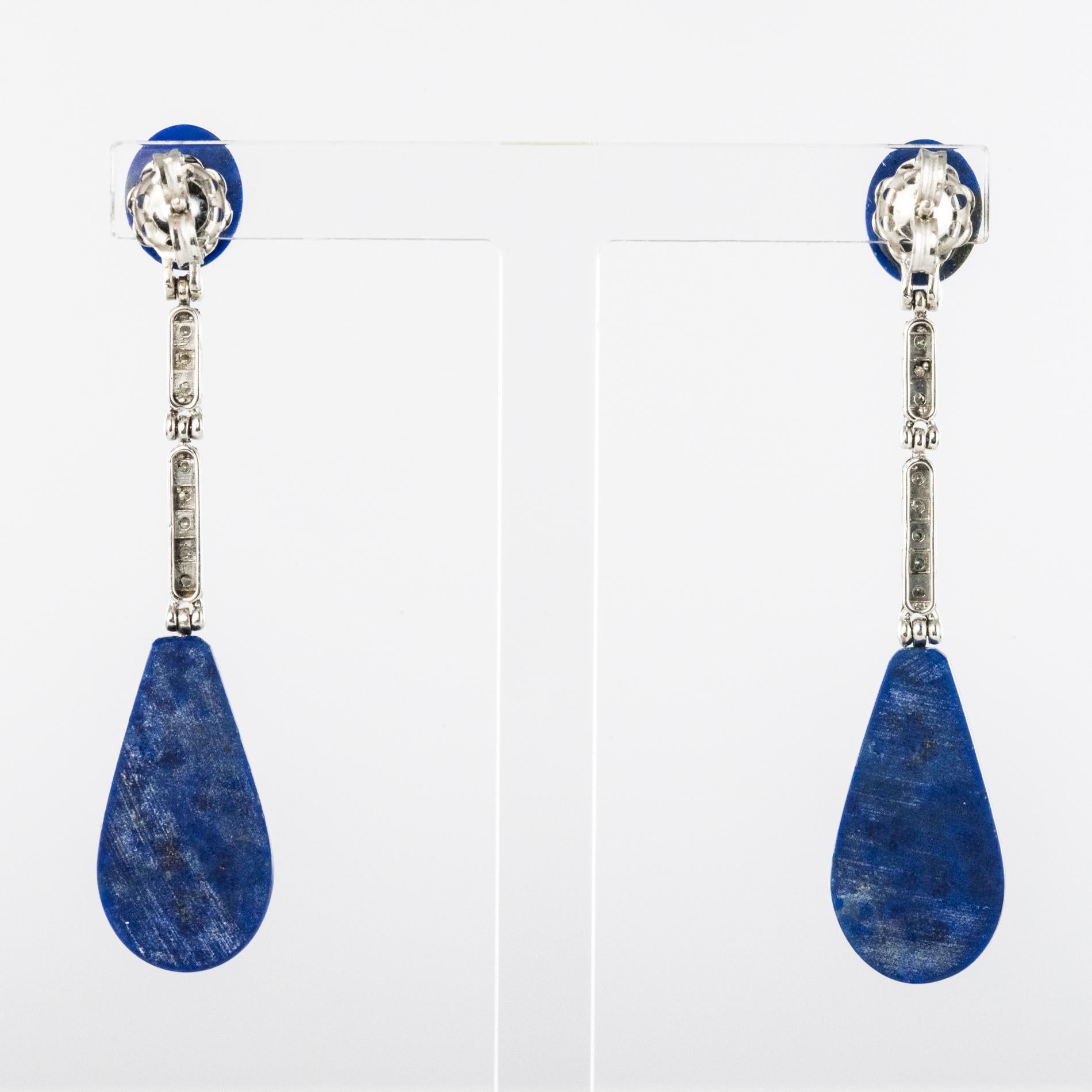 Women's Art Deco Style White Gold Lapis Lazuli Diamonds Dangle Earrings