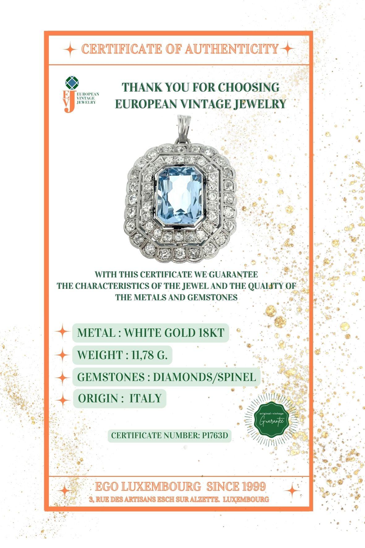 Pendentif de style Art déco en or blanc avec spinelle bleue et diamants en vente 4