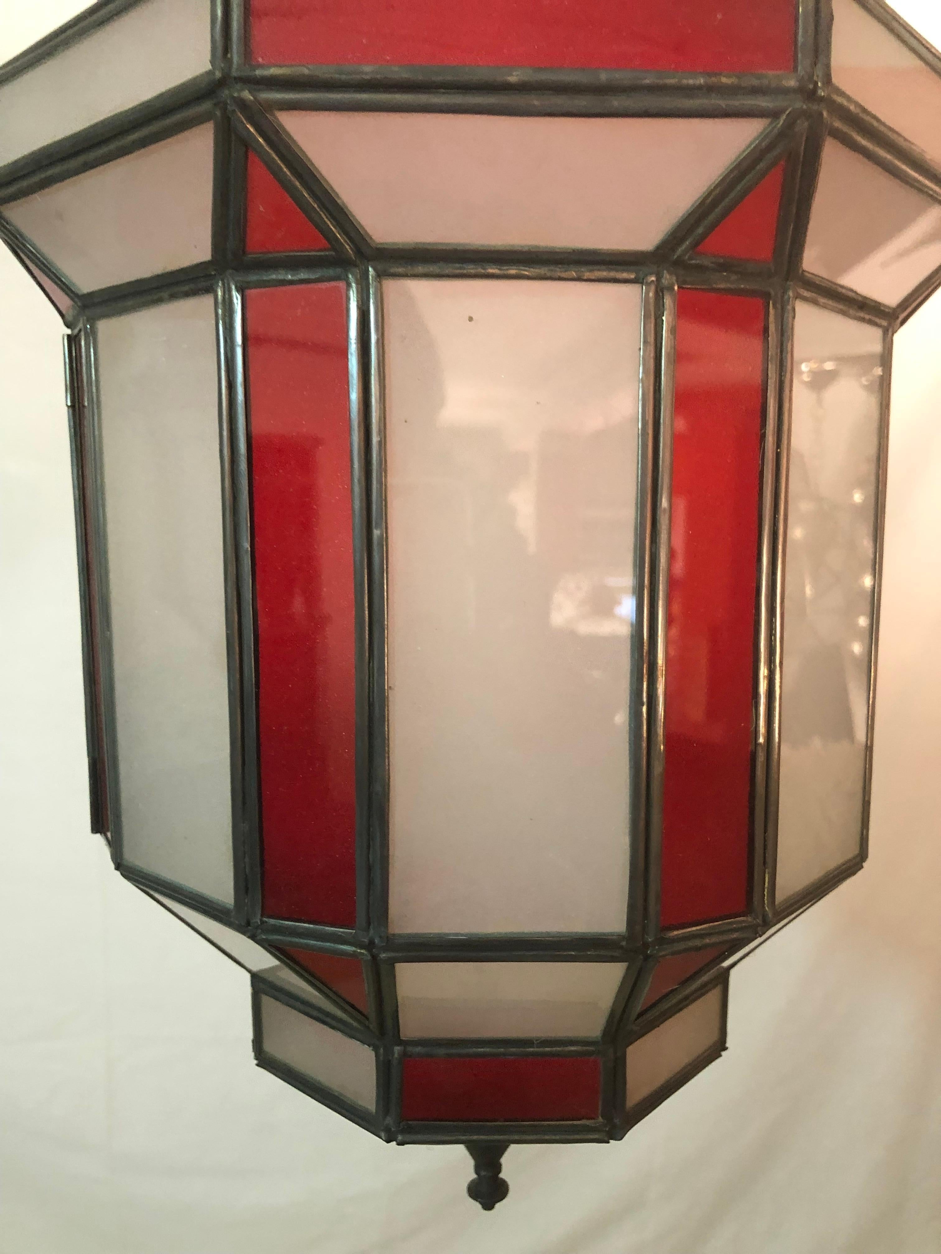 Art Deco Style White Milk and Red Glass Chandelier, Pendant or Lantern, a Pair For Sale 7