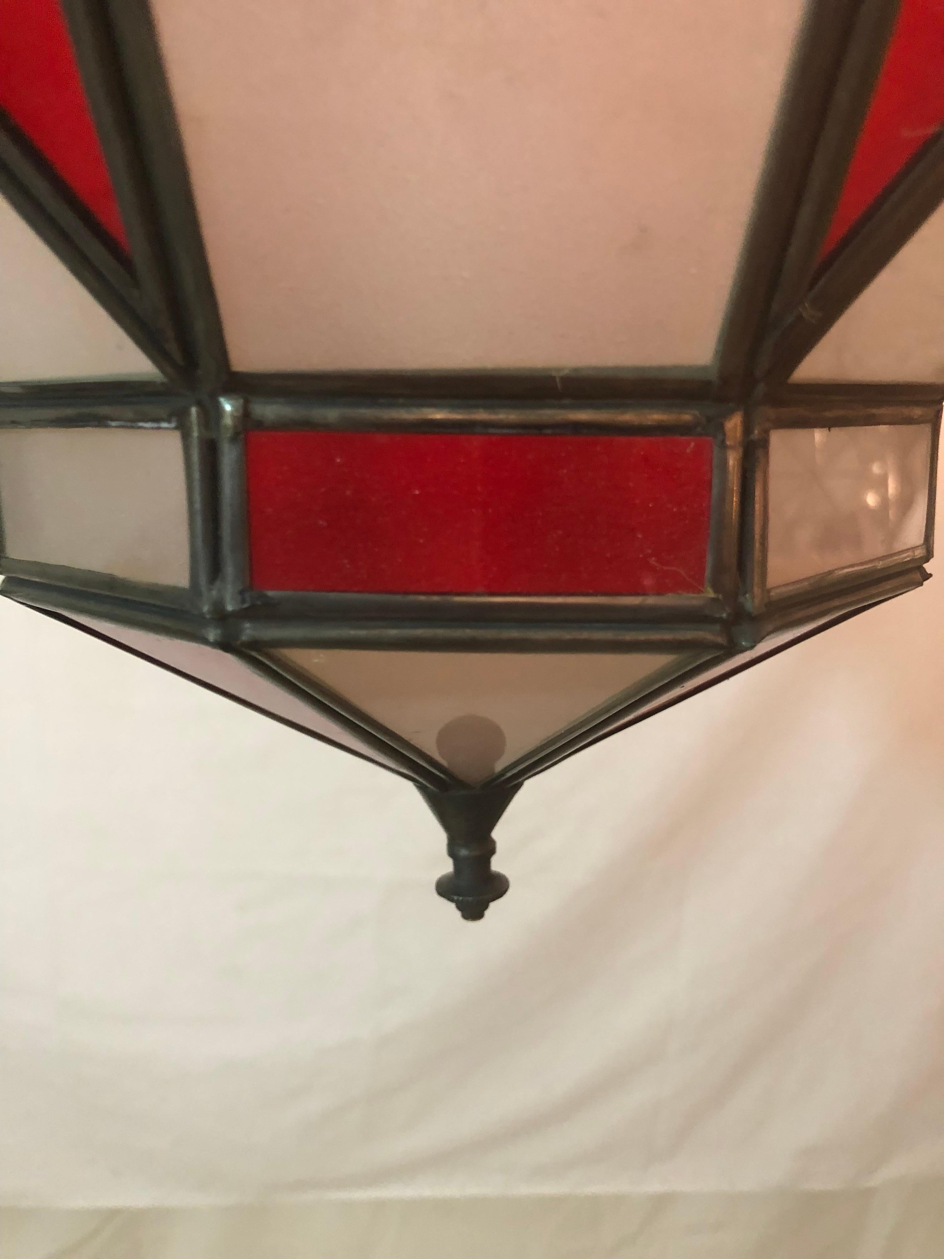 Art Deco Style White Milk and Red Glass Chandelier, Pendant or Lantern, a Pair For Sale 8