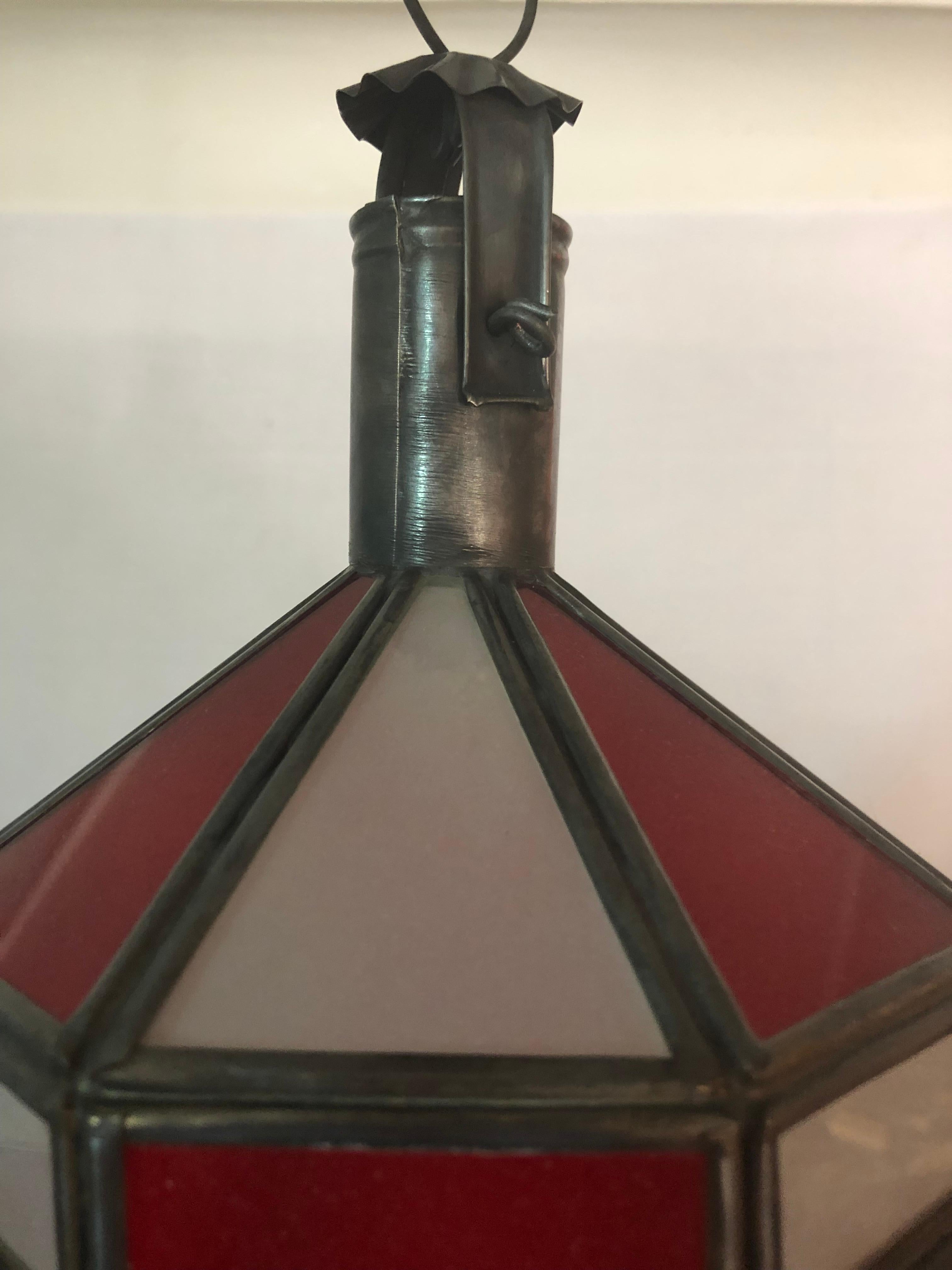 Art Deco Style White Milk and Red Glass Chandelier, Pendant or Lantern, a Pair For Sale 9