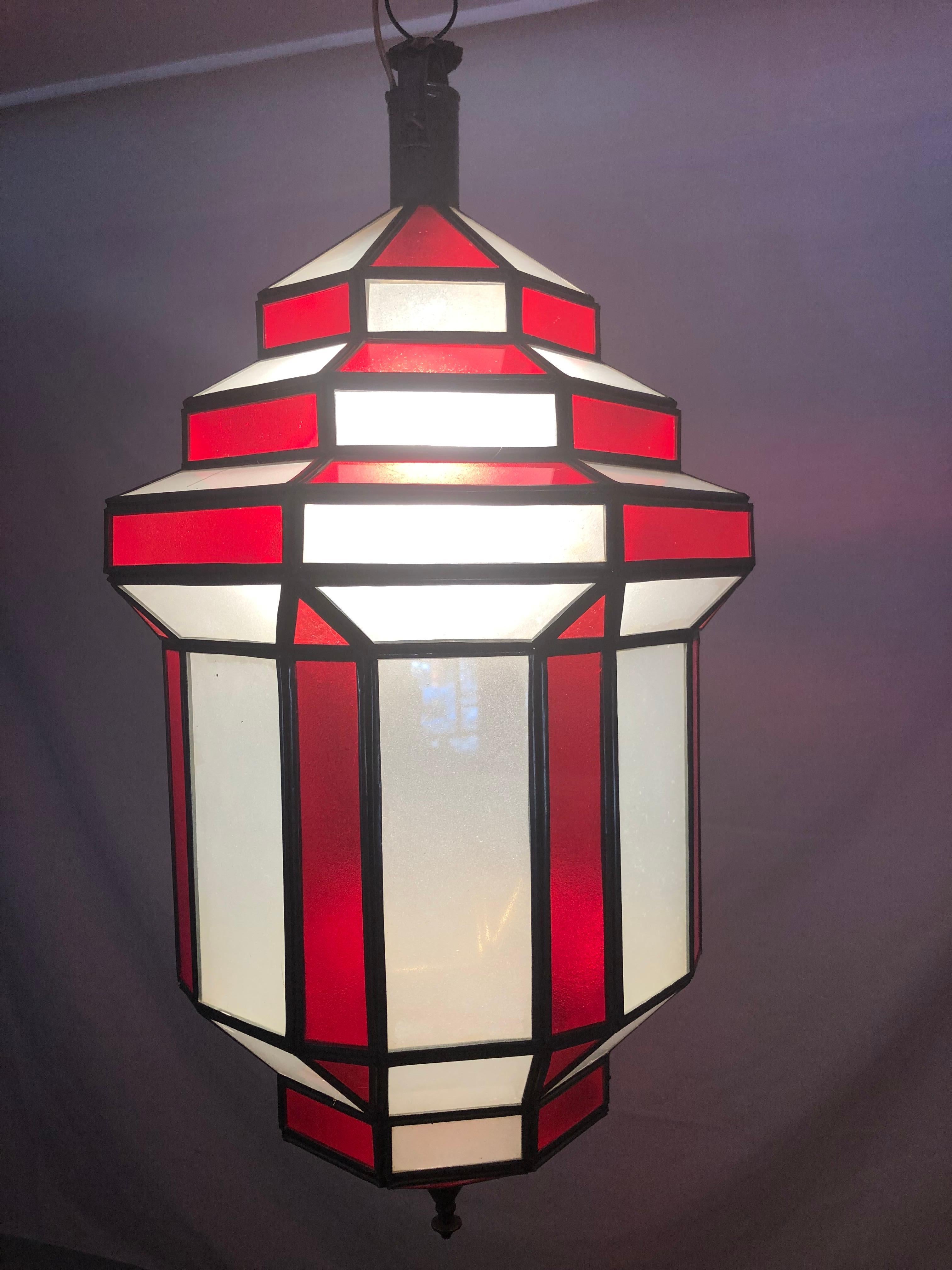 Metal Art Deco Style White Milk and Red Glass Chandelier, Pendant or Lantern, a Pair For Sale
