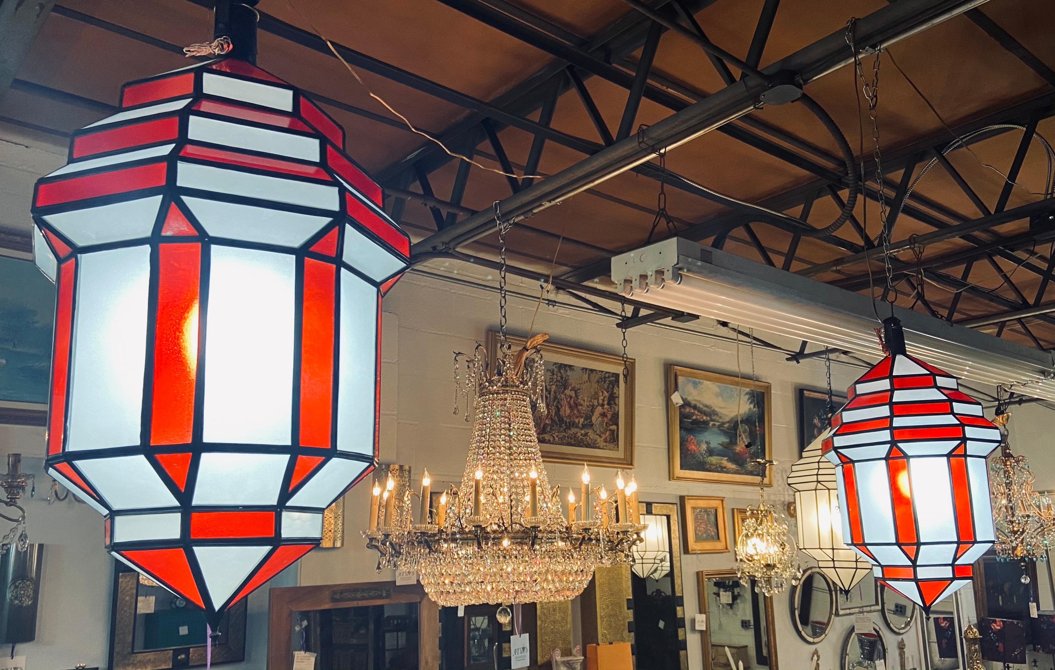 Unknown Art Deco Style White Milk and Red Glass Chandelier, Pendant or Lantern, a Pair For Sale