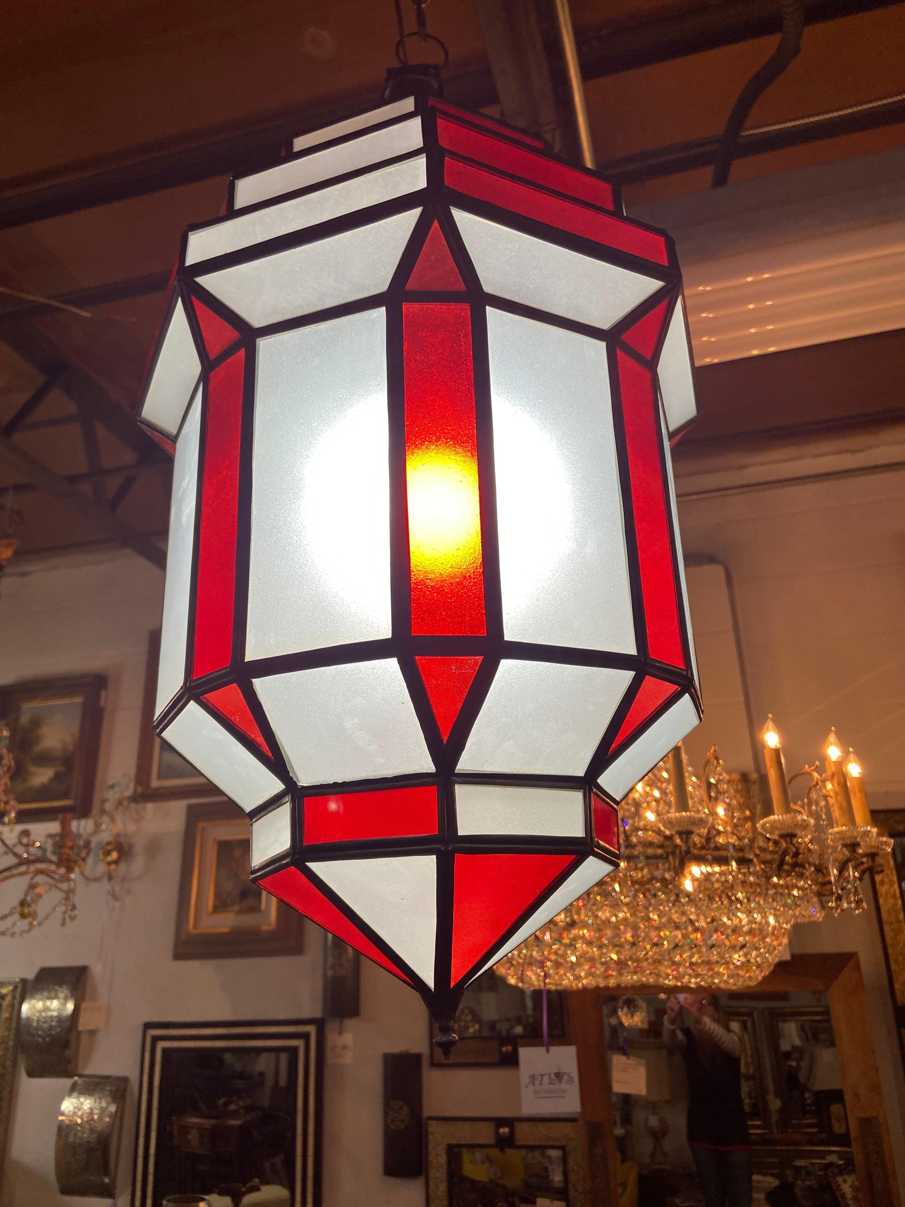 Art Deco Style White Milk and Red Glass Chandelier, Pendant or Lantern, a Pair In Good Condition For Sale In Plainview, NY