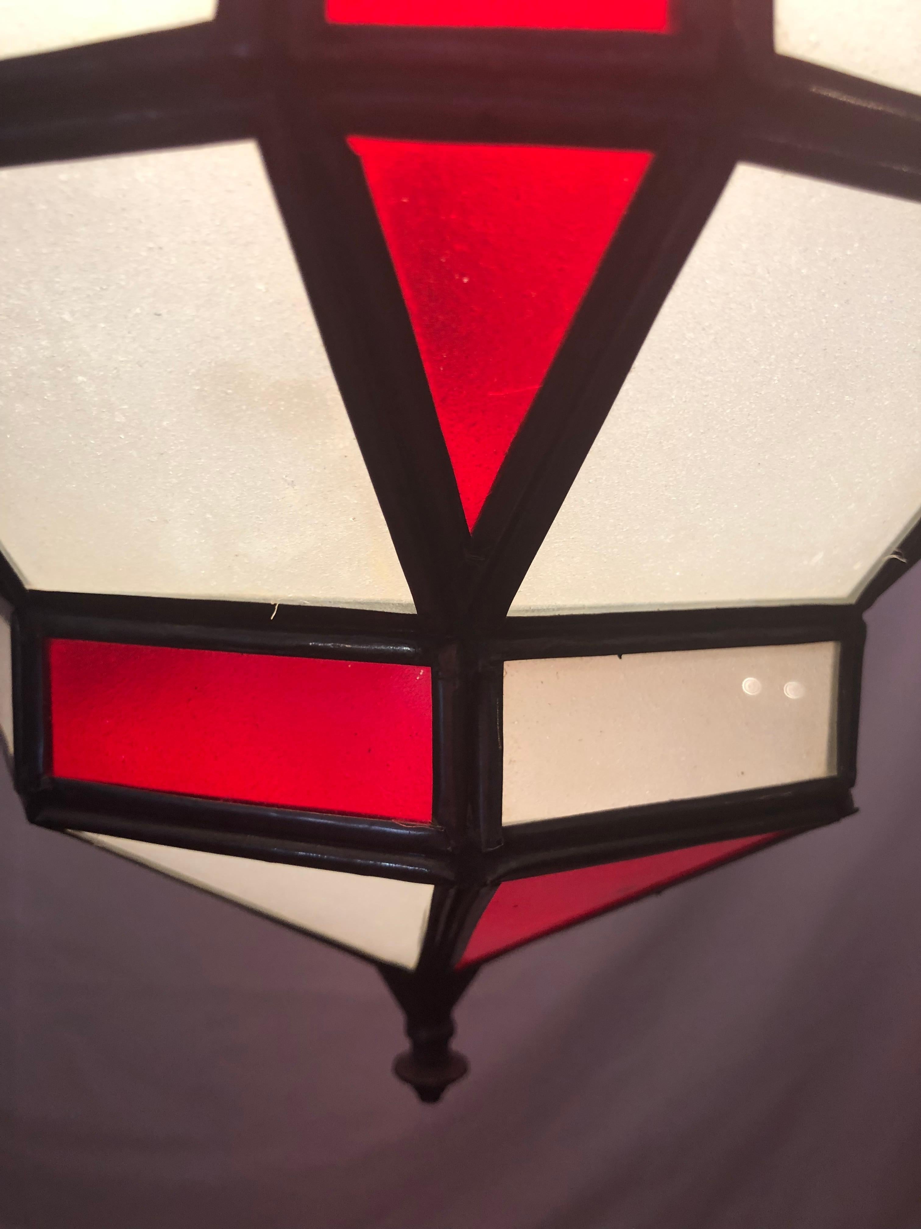 Art Deco Style White Milk and Red Glass Chandelier, Pendant or Lantern, a Pair For Sale 4