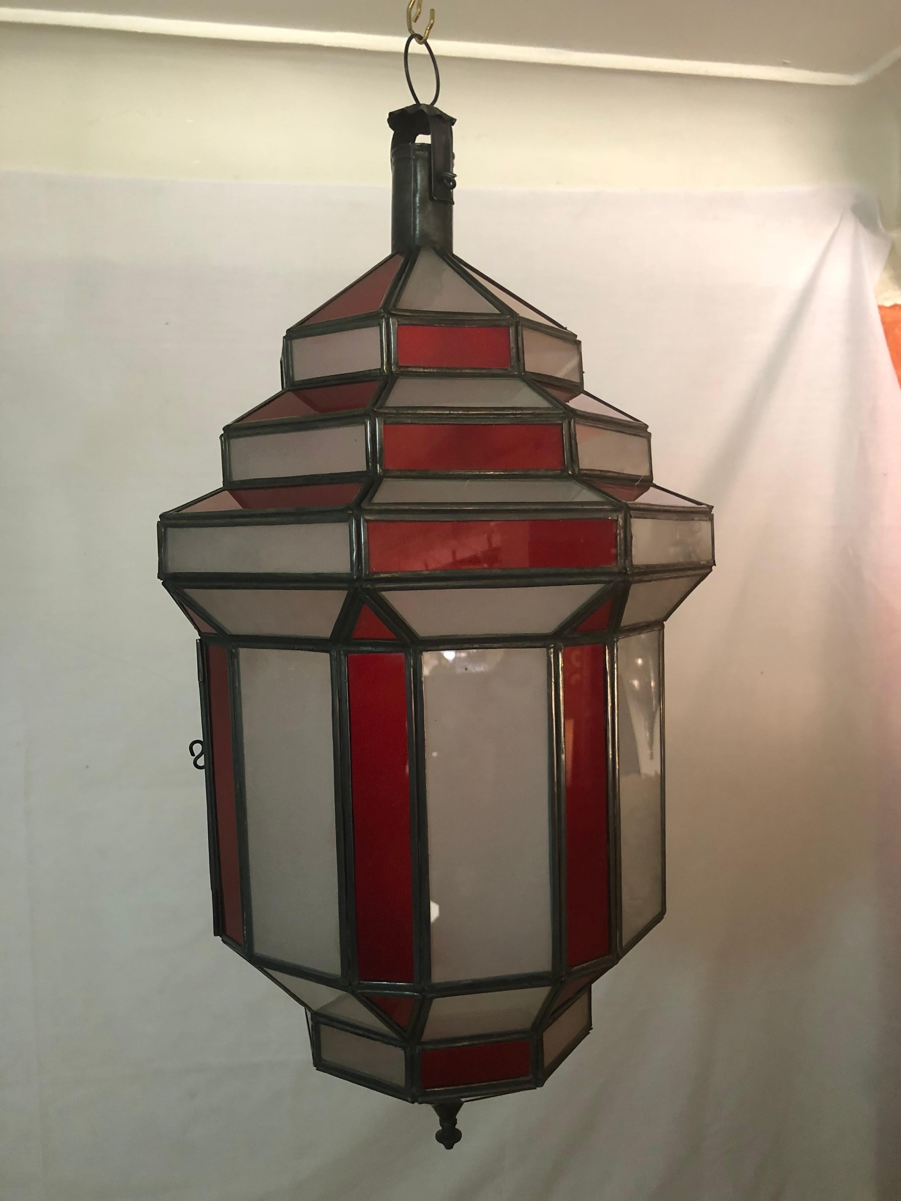 Art Deco Style White Milk and Red Glass Chandelier, Pendant or Lantern, a Pair For Sale 5