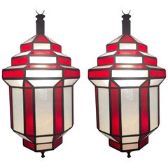 Vintage Art Deco Style White Milk and Red Glass Chandeliers or Lanterns