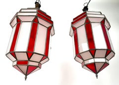 Art Deco Style White Milk and Red Glass Pendant, Lantern or Chandelier, a Pair