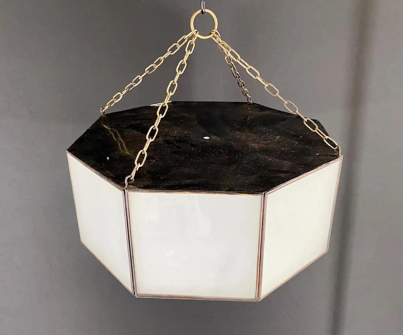 Art Deco Style White Milk Glass and Bronze Octagon Shape Pendant or Flush Mount For Sale 5