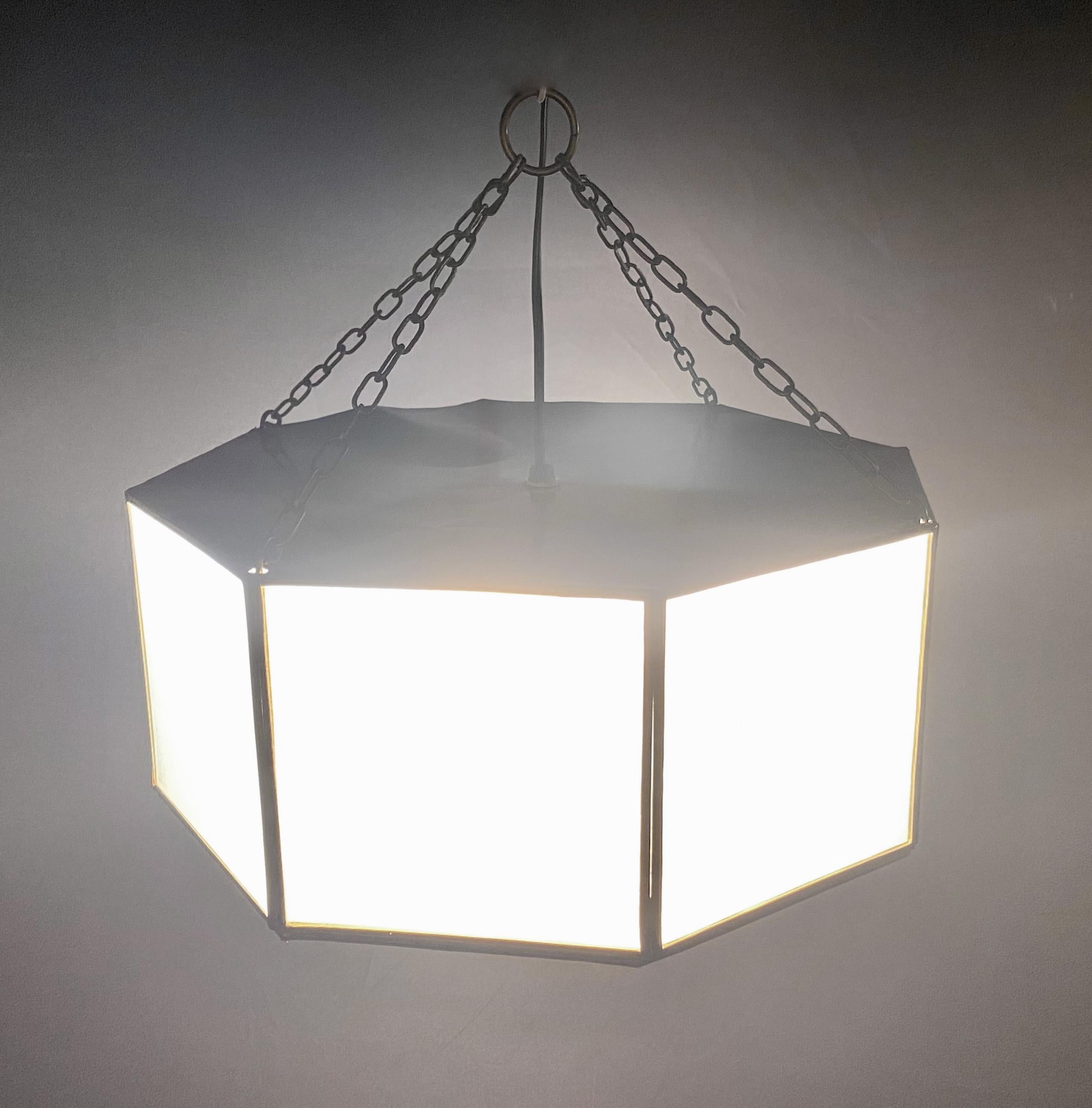Art Deco Style White Milk Glass and Bronze Octagon Shape Pendant or Flush Mount For Sale 12