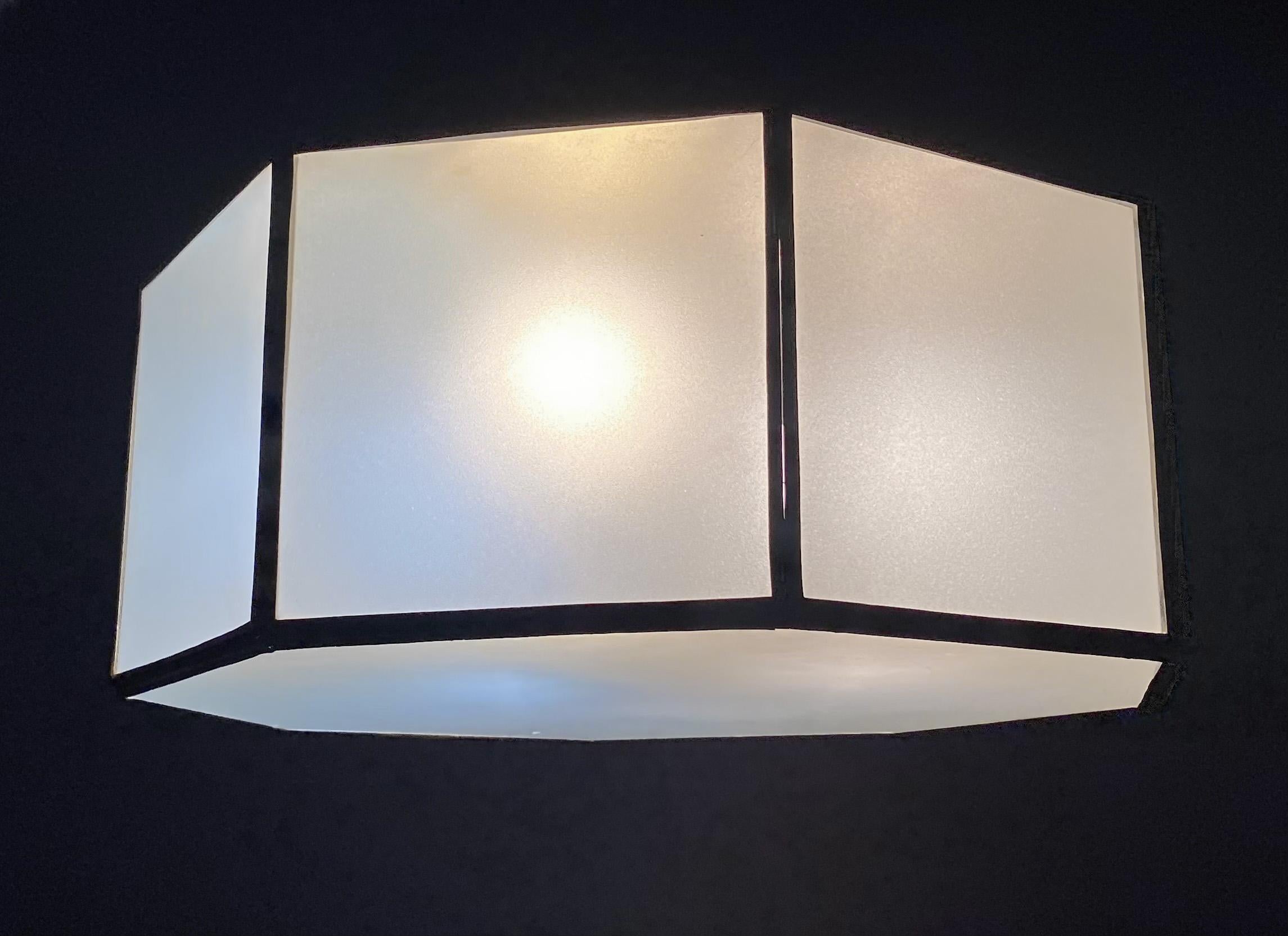 Art Deco Style White Milk Glass and Bronze Octagon Shape Pendant or Flush Mount For Sale 13