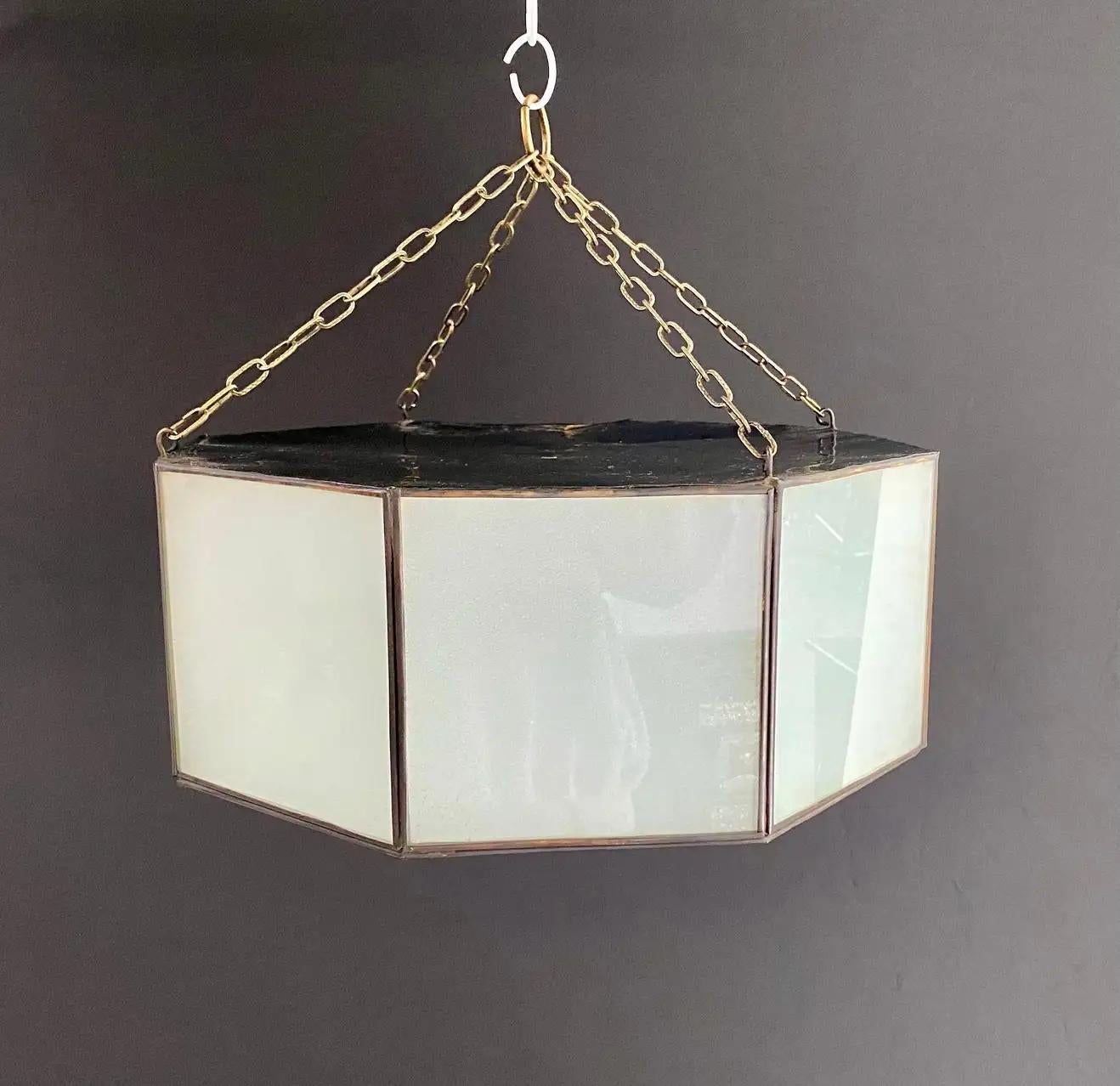Hand-Crafted Art Deco Style White Milk Glass and Bronze Octagon Shape Pendant or Flush Mount For Sale