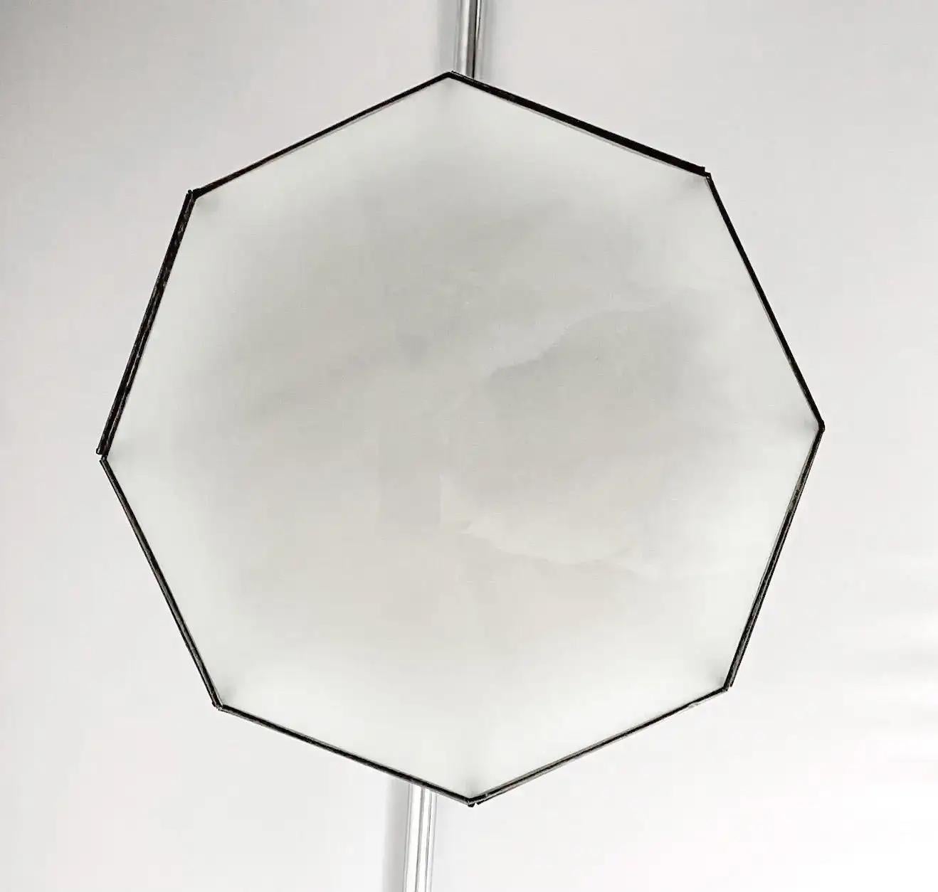 Art Deco Style White Milk Glass and Bronze Octagon Shape Pendant or Flush Mount For Sale 3