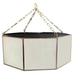 Retro Art Deco Style White Milk Glass and Bronze Octagon Shape Pendant or Flush Mount