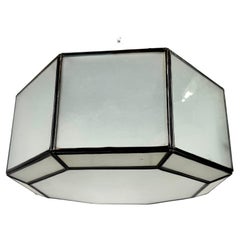Art Deco Style White Milk Glass and Bronze Octagon Shape Pendant or Flush Mount